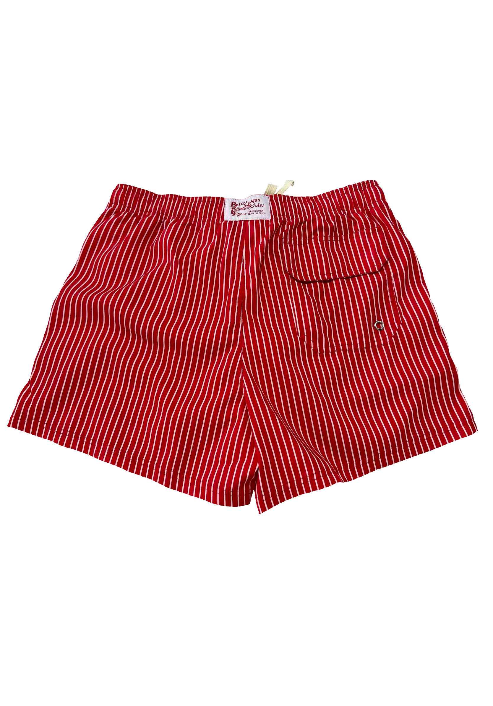 Dos maillot de bain Bleu mon Jules Soleil Rouge rayé rouge et blanc, poche arrière à rabat et étiquette tissée St-Tropez