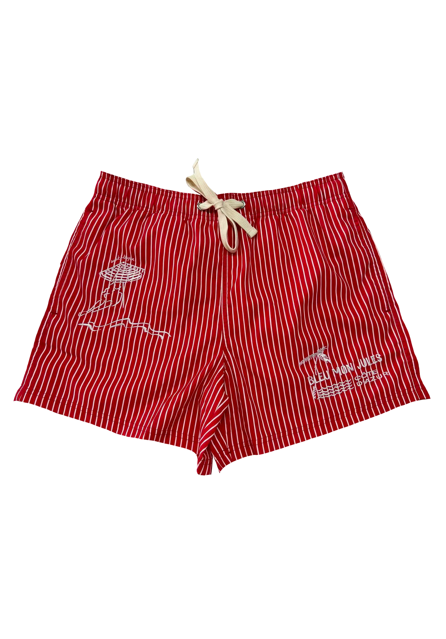 Maillot de bain Bleu mon Jules Soleil Rouge, rayures rouge et blanc, broderies parasol et palmier "Bleu Mon Jules · Côte d'Azur", vue de face