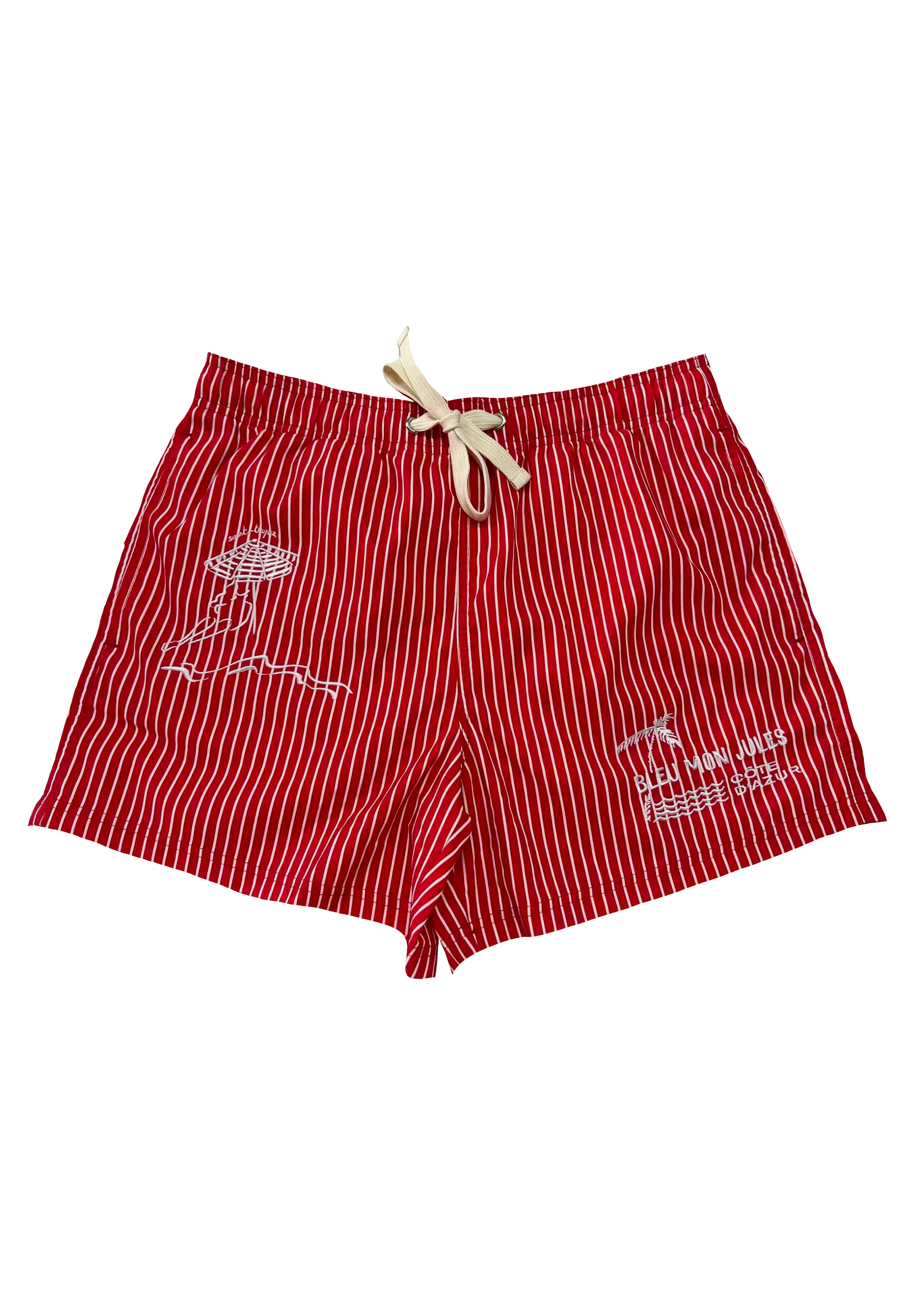 Maillot de bain Bleu mon Jules Soleil Rouge, rayures rouge et blanc, broderies parasol et palmier "Bleu Mon Jules · Côte d'Azur", vue de face