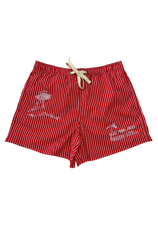 Maillot de bain Bleu mon Jules Soleil Rouge, rayures rouge et blanc, broderies parasol et palmier "Bleu Mon Jules · Côte d'Azur", vue de face