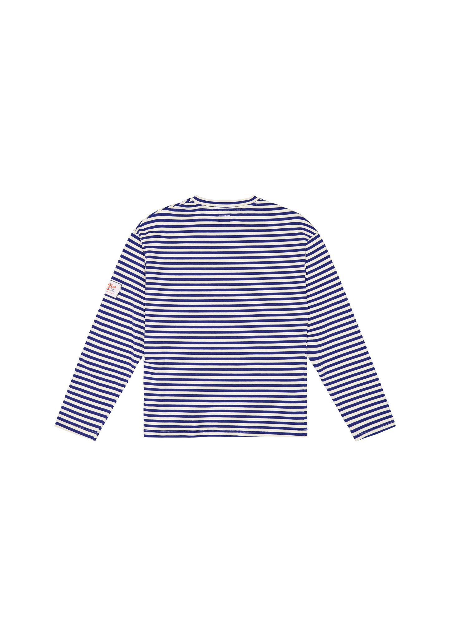 Dos marinière Bleu mon Jules manches longues, rayures bleu marine et écru, étiquette tissée sur la manche, Saint-Tropez Été 2026