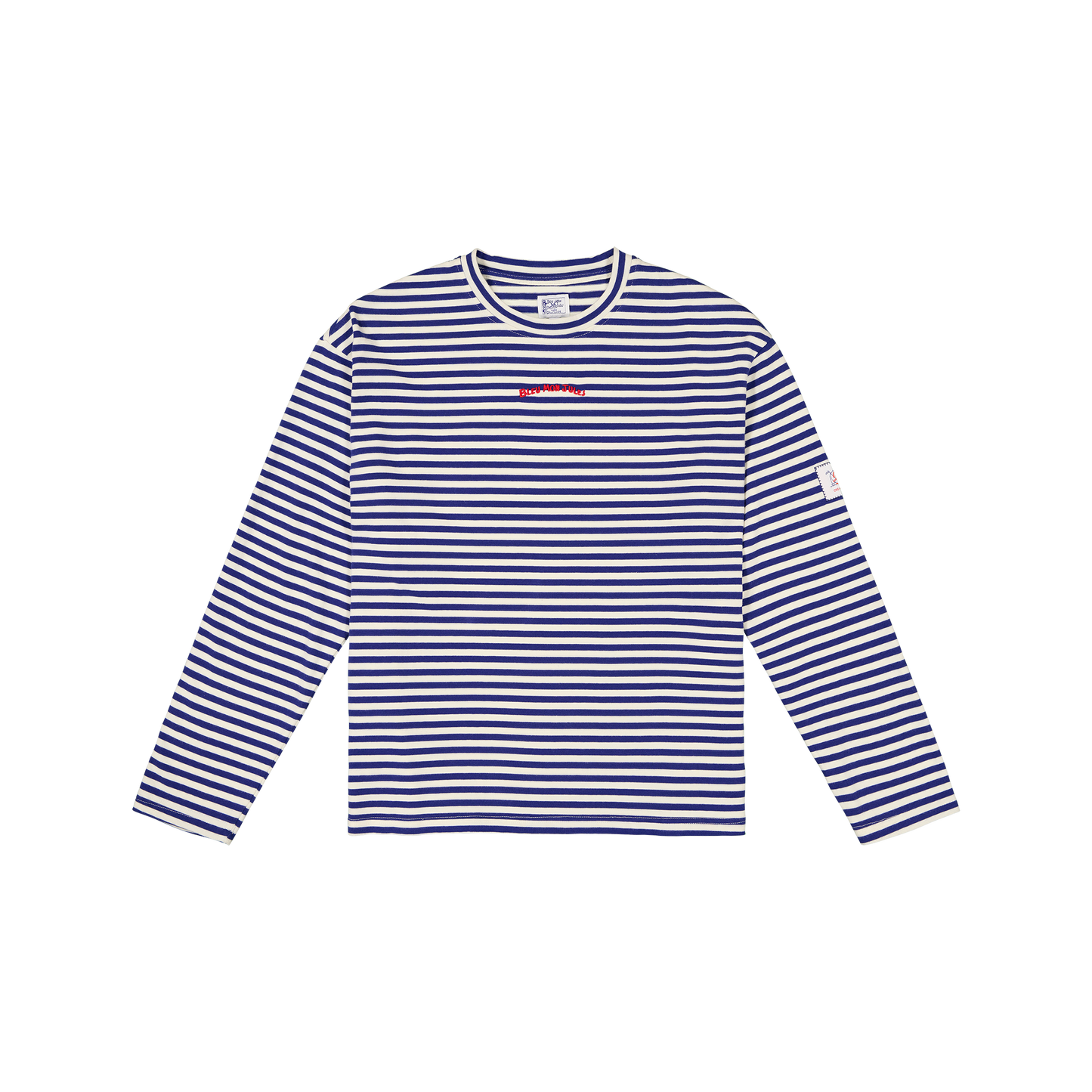 Marinière Bleu mon Jules manches longues, rayures bleu marine et écru, broderie rouge "Bleu Mon Jules" côté cœur, vue de face