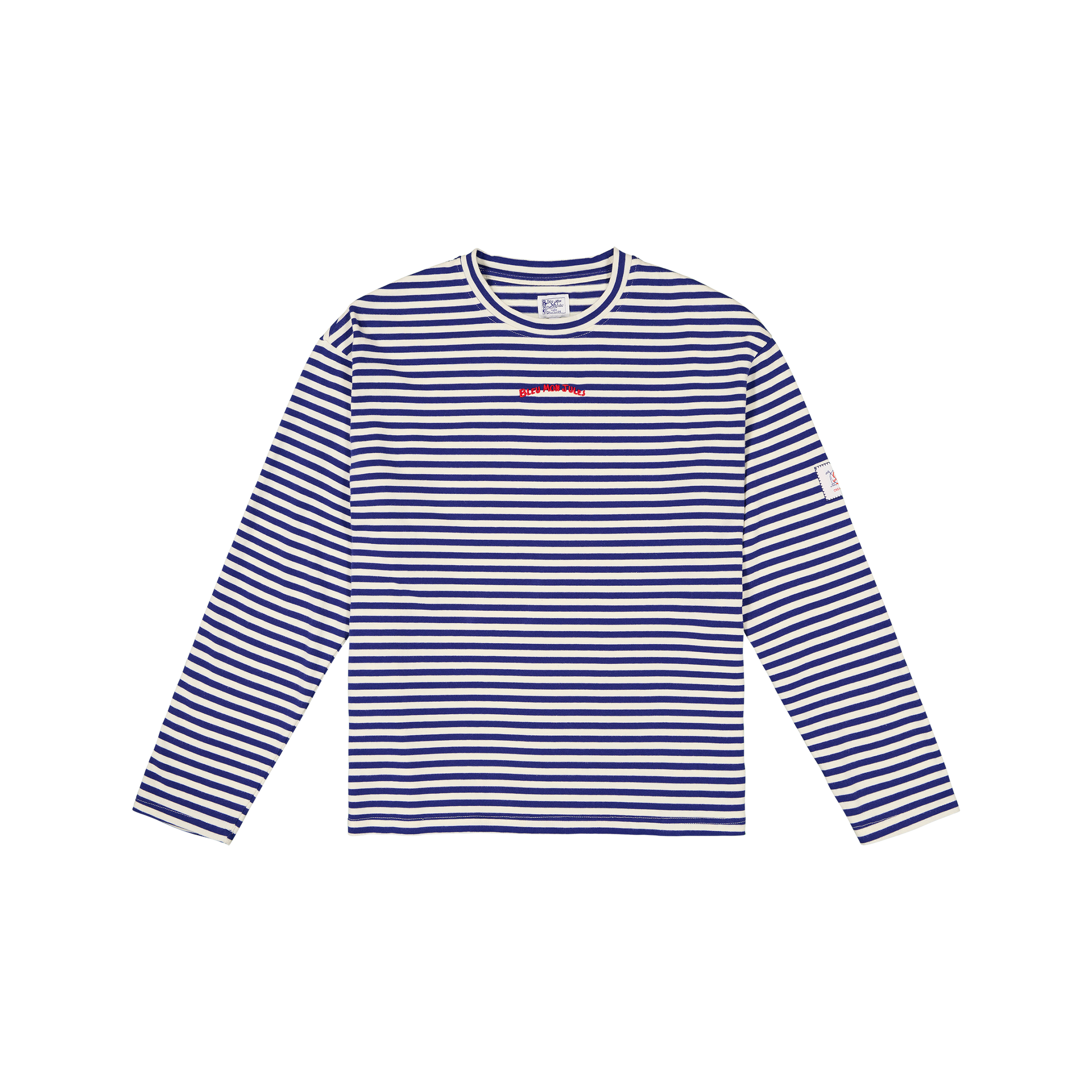 Marinière Bleu mon Jules manches longues, rayures bleu marine et écru, broderie rouge "Bleu Mon Jules" côté cœur, vue de face