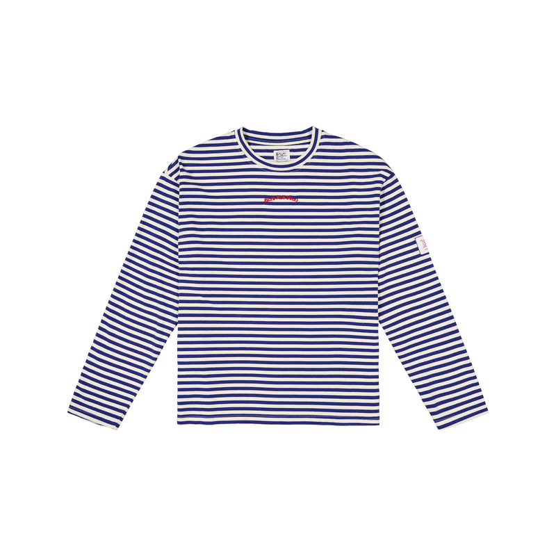 Marinière Bleu mon Jules manches longues, rayures bleu marine et écru, broderie rouge "Bleu Mon Jules" côté cœur, vue de face