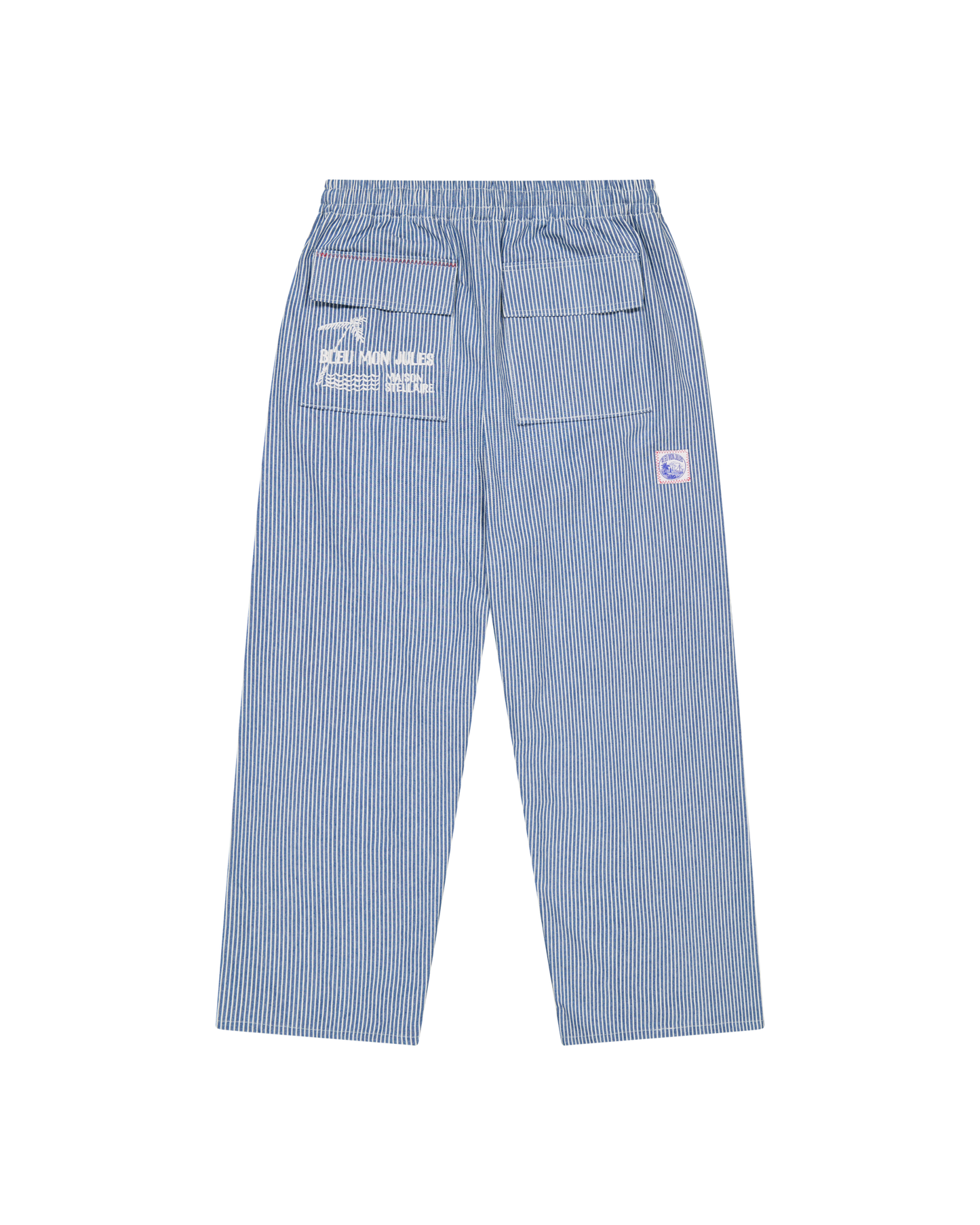 Pantalon rayé bleu et blanc Bleu mon Jules x Maison Stellaire, taille élastiquée, vue de face