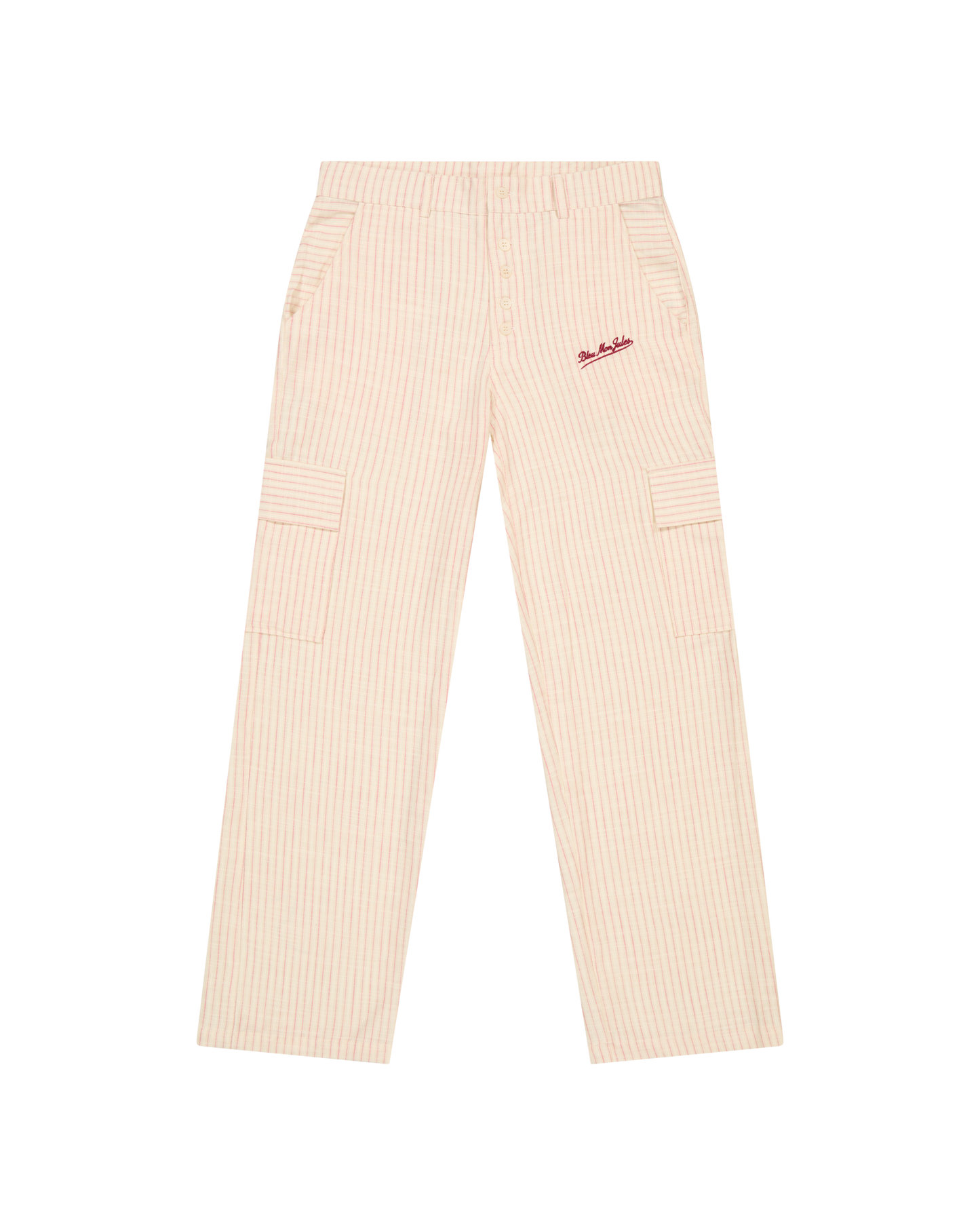 Pantalon cargo rayé rouge et blanc Bleu mon Jules, poches plaquées, taille élastiquée, vue de face