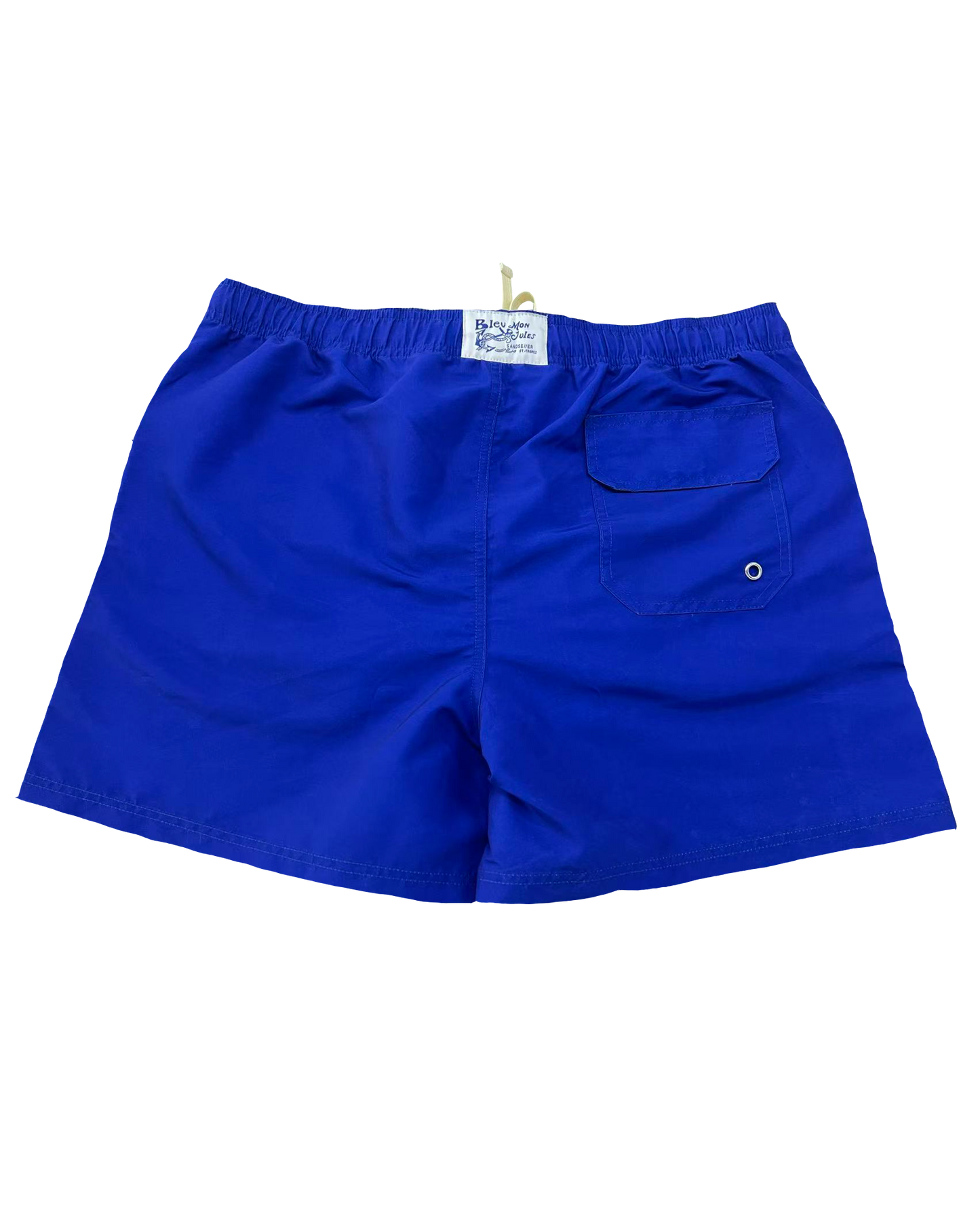 Dos short de bain Bleu mon Jules bleu roi uni, poche arrière à rabat et étiquette tissée Saint-Tropez