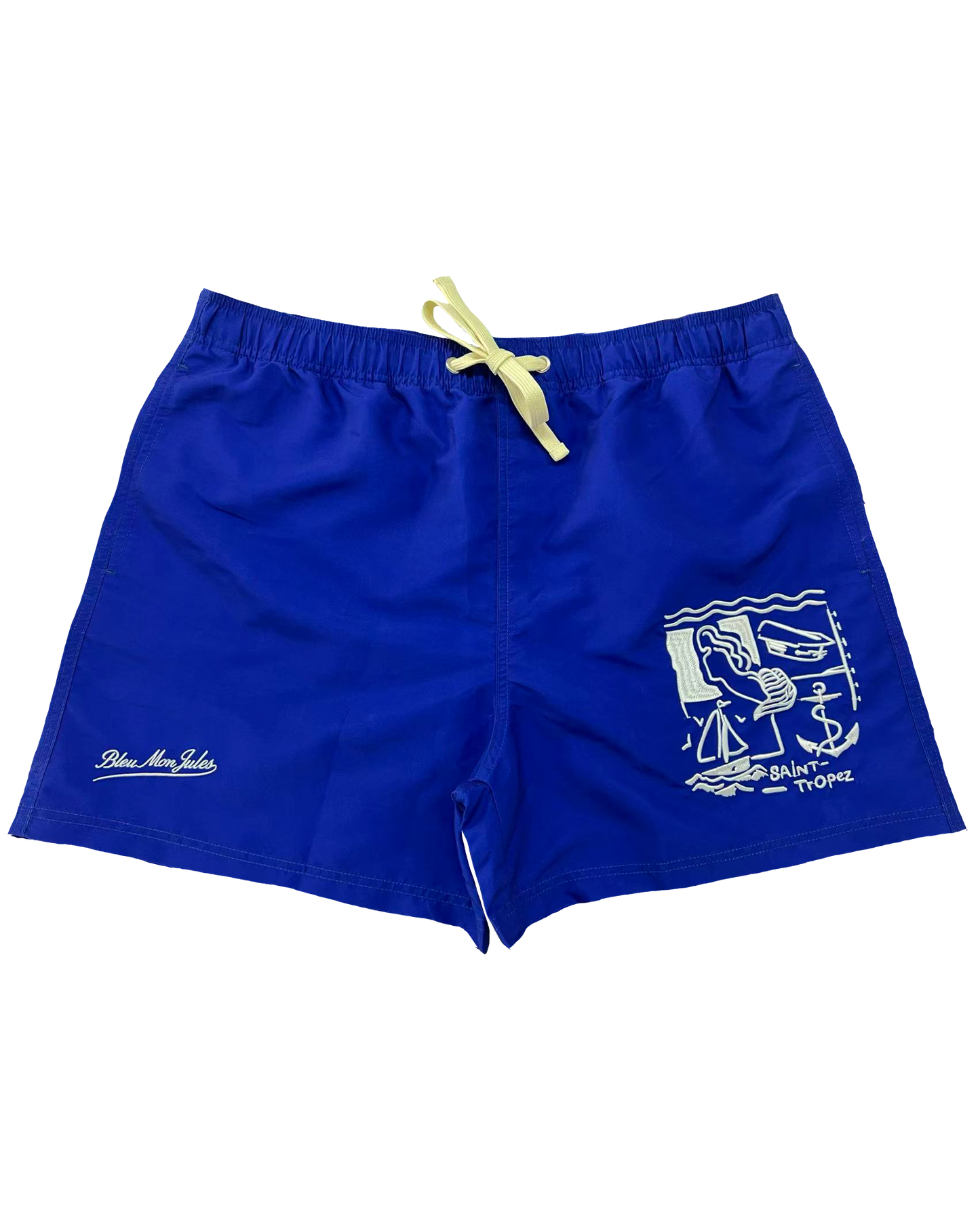 Short de bain Bleu mon Jules bleu roi uni, broderie scène Saint-Tropez (voilier, ancre, casquette de marin) et signature, vue de face