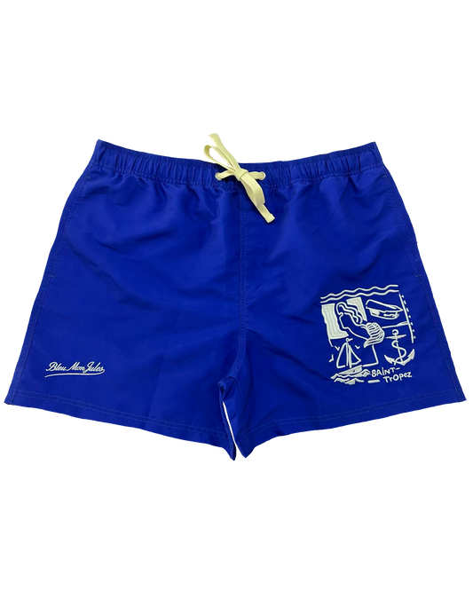 Short de bain Bleu mon Jules bleu roi uni, broderie scène Saint-Tropez (voilier, ancre, casquette de marin) et signature, vue de face