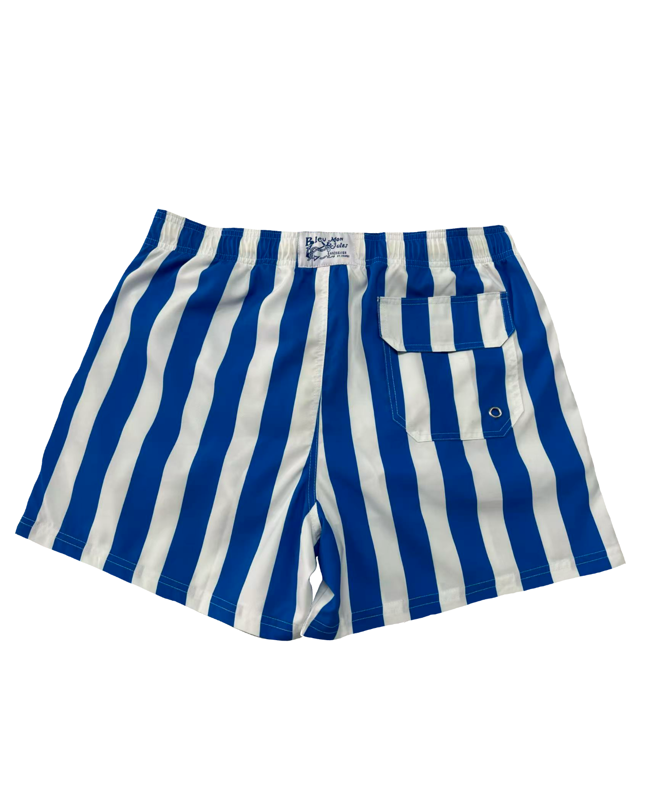 Dos short de bain Bleu mon Jules à rayures bleu et blanc, poche arrière à rabat et étiquette tissée Saint-Tropez