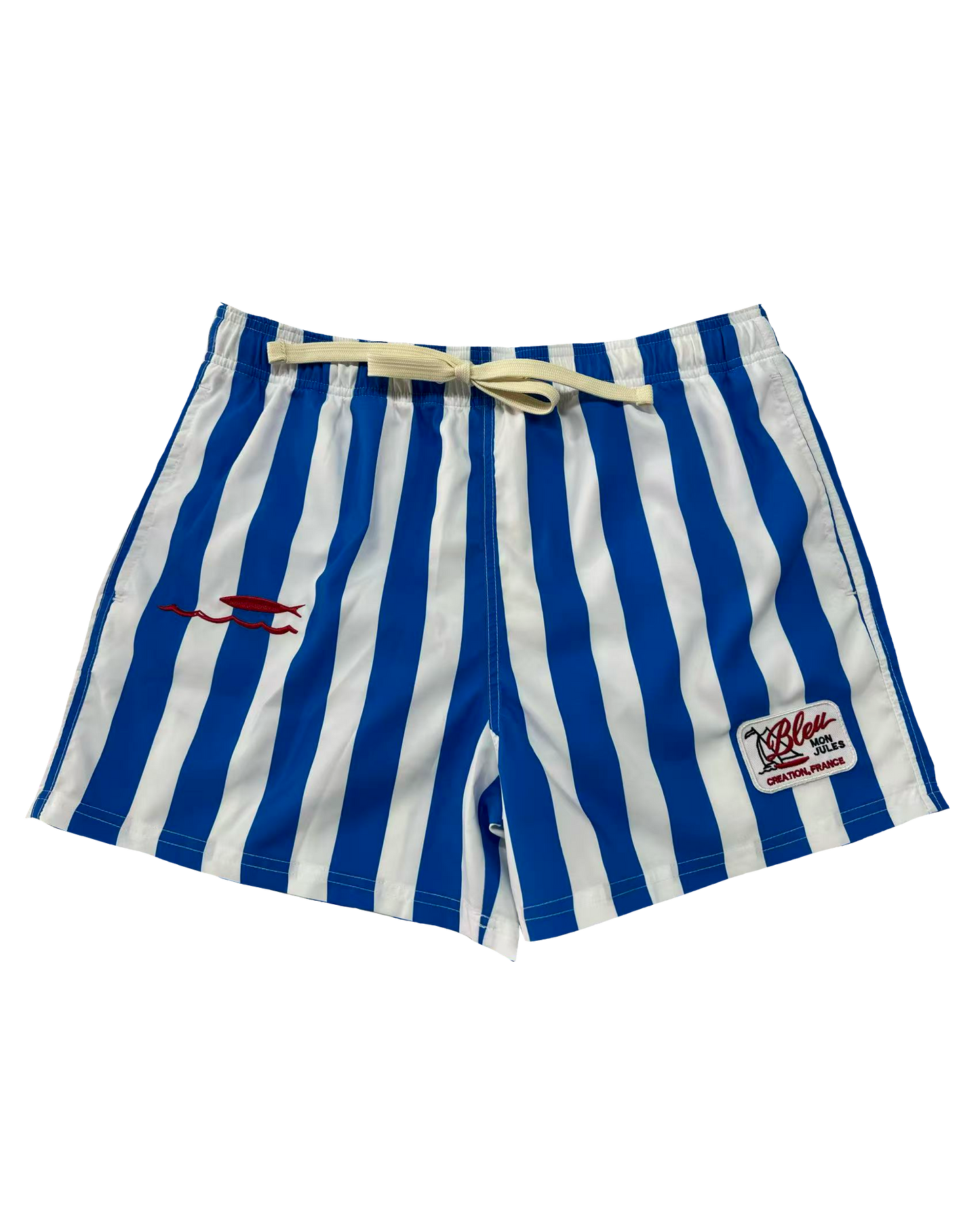Short de bain Bleu mon Jules à rayures bleu et blanc, broderie poisson rouge et écusson "Bleu Mon Jules · Création, France", vue de face