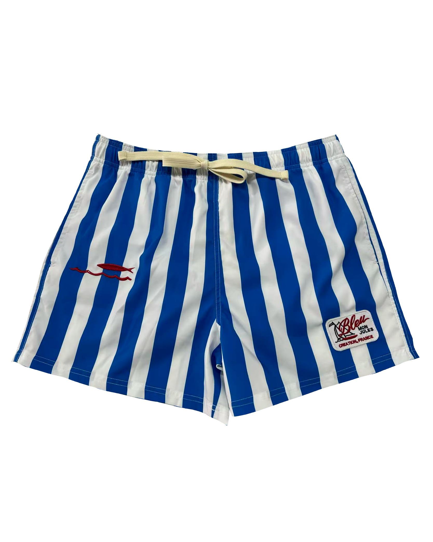 Short de bain Bleu mon Jules à rayures bleu et blanc, broderie poisson rouge et écusson "Bleu Mon Jules · Création, France", vue de face
