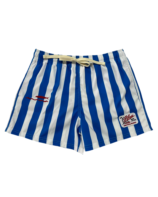 Short de bain Bleu mon Jules à rayures bleu et blanc, broderie poisson rouge et écusson "Bleu Mon Jules · Création, France", vue de face