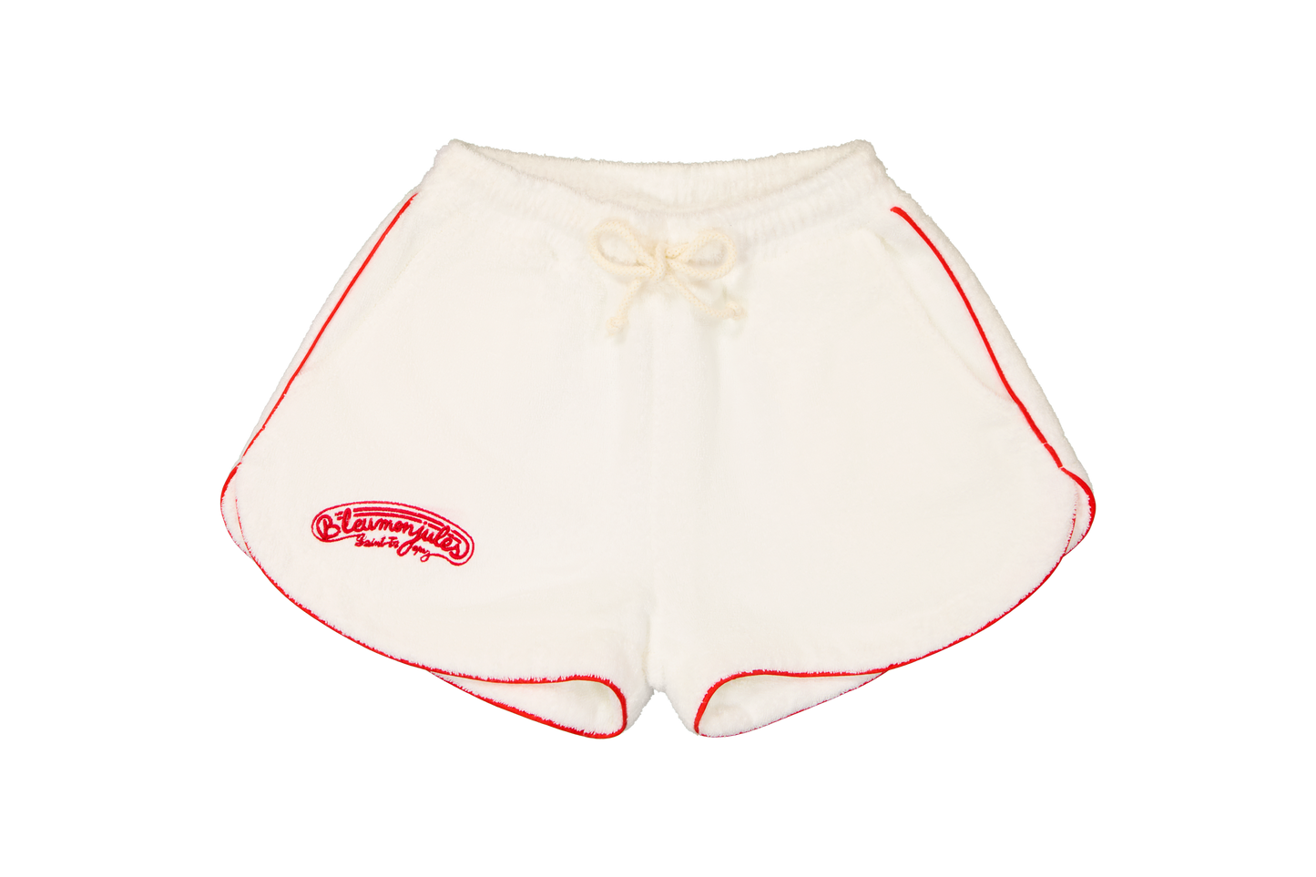 Short éponge blanc Bleu mon Jules, passepoil rouge, broderie cursive, vue de face