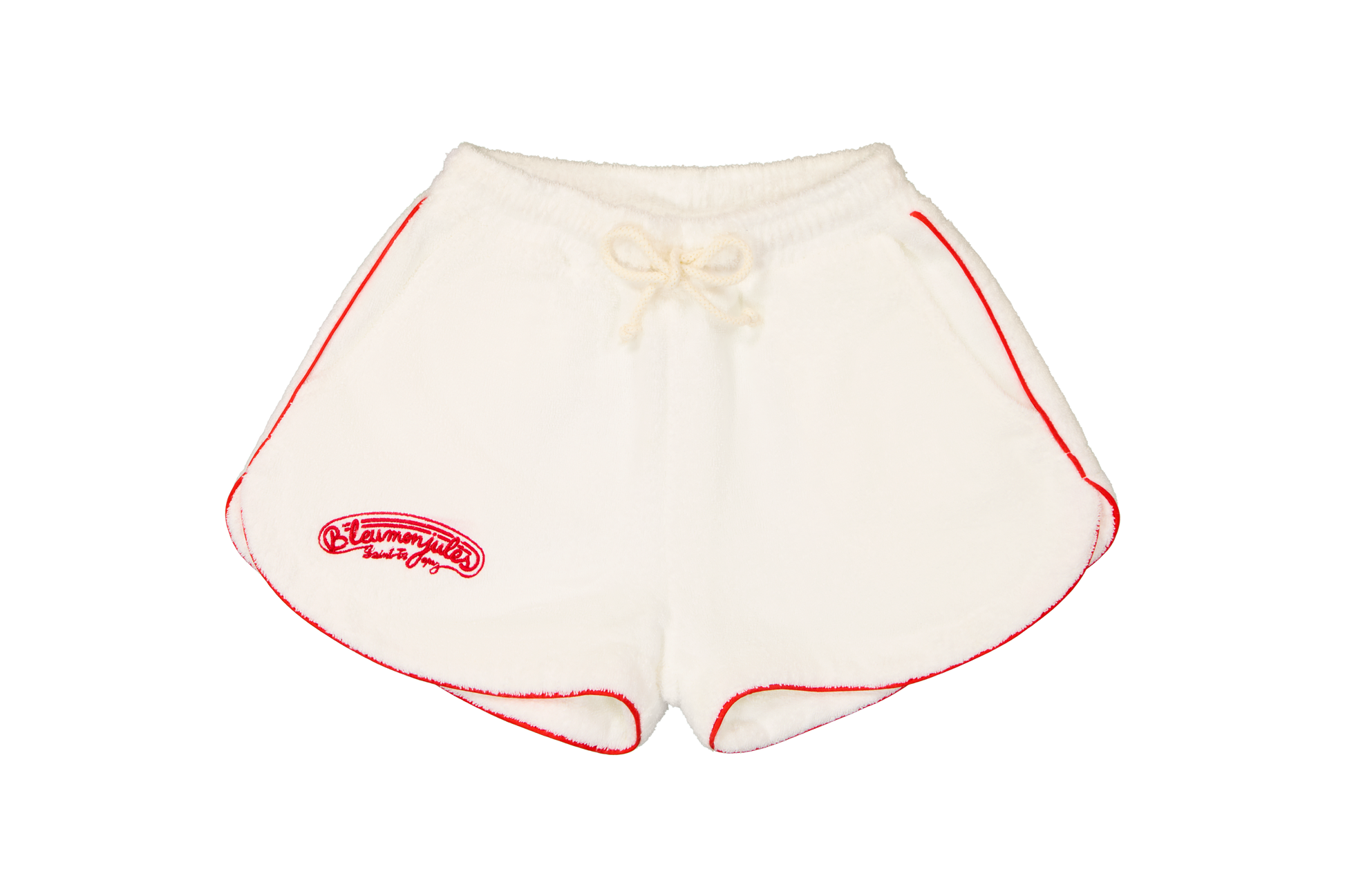 Short éponge blanc Bleu mon Jules, passepoil rouge, broderie cursive, vue de face