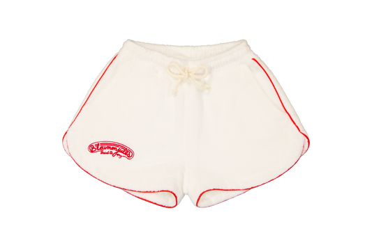 Short éponge blanc Bleu mon Jules, passepoil rouge, broderie cursive, vue de face