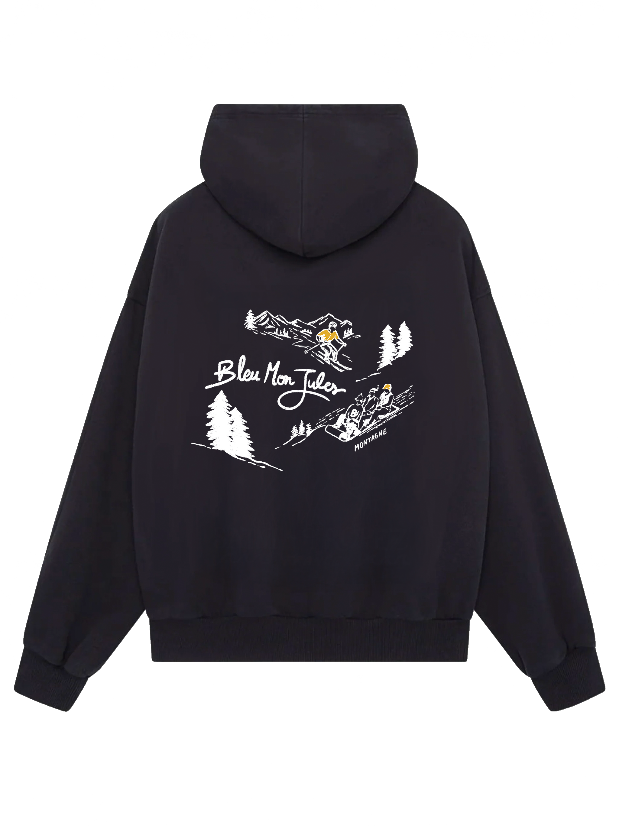 Sweat à capuche Mont Bleu Bleu mon Jules, vue dos, illustration montagne et ski rétro, collection hiver 2025-2026.