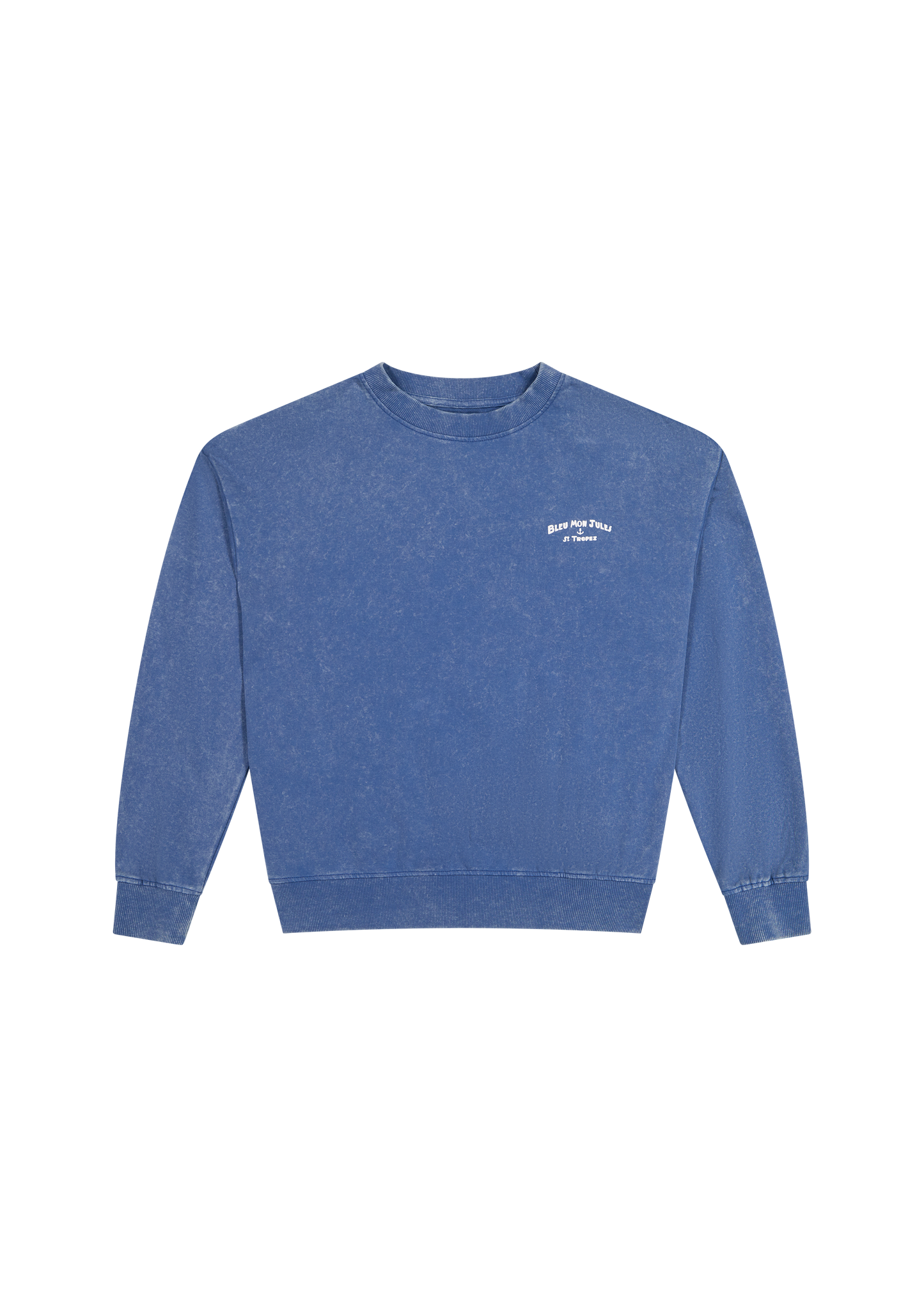 Sweat bleu délavé Bleu mon Jules, signature "Bleu Mon Jules · St Tropez" et ancre côté cœur, vue de face