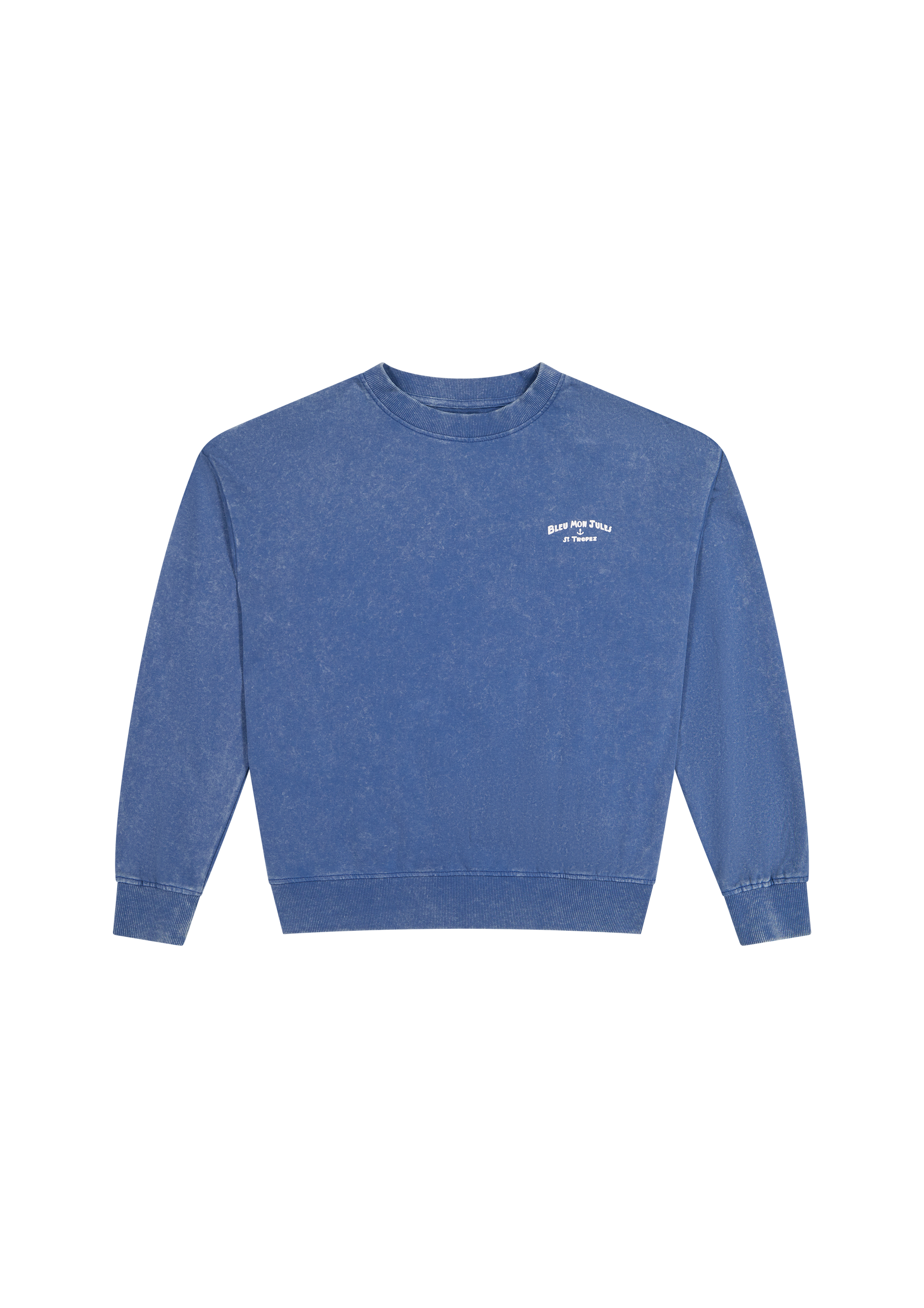 Sweat bleu délavé Bleu mon Jules, signature "Bleu Mon Jules · St Tropez" et ancre côté cœur, vue de face