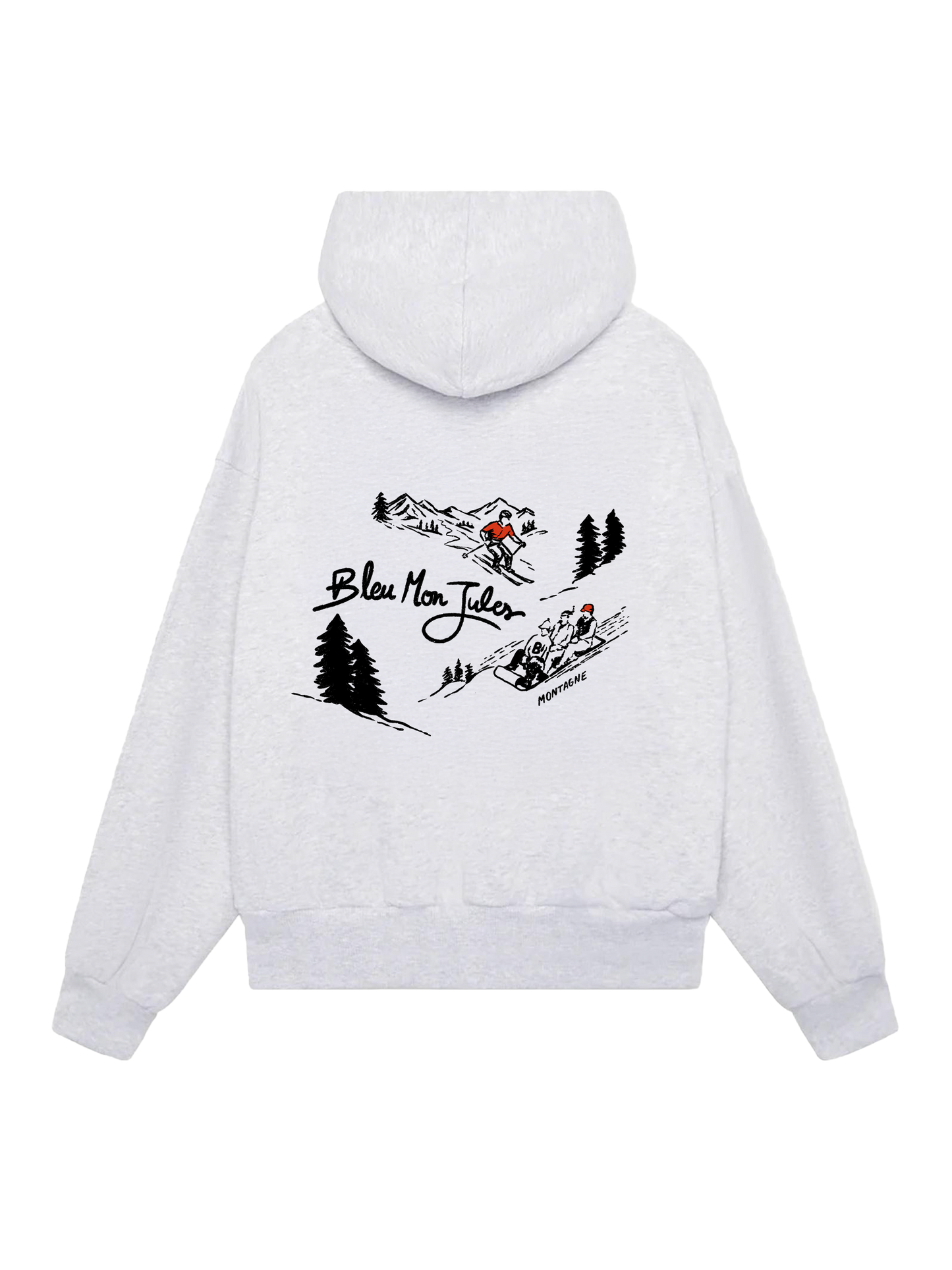 Sweat à capuche gris « Too Schuss » Bleu mon Jules, vue dos, illustration Mont Ventoux et paysage enneigé, collection hiver 2025-2026.