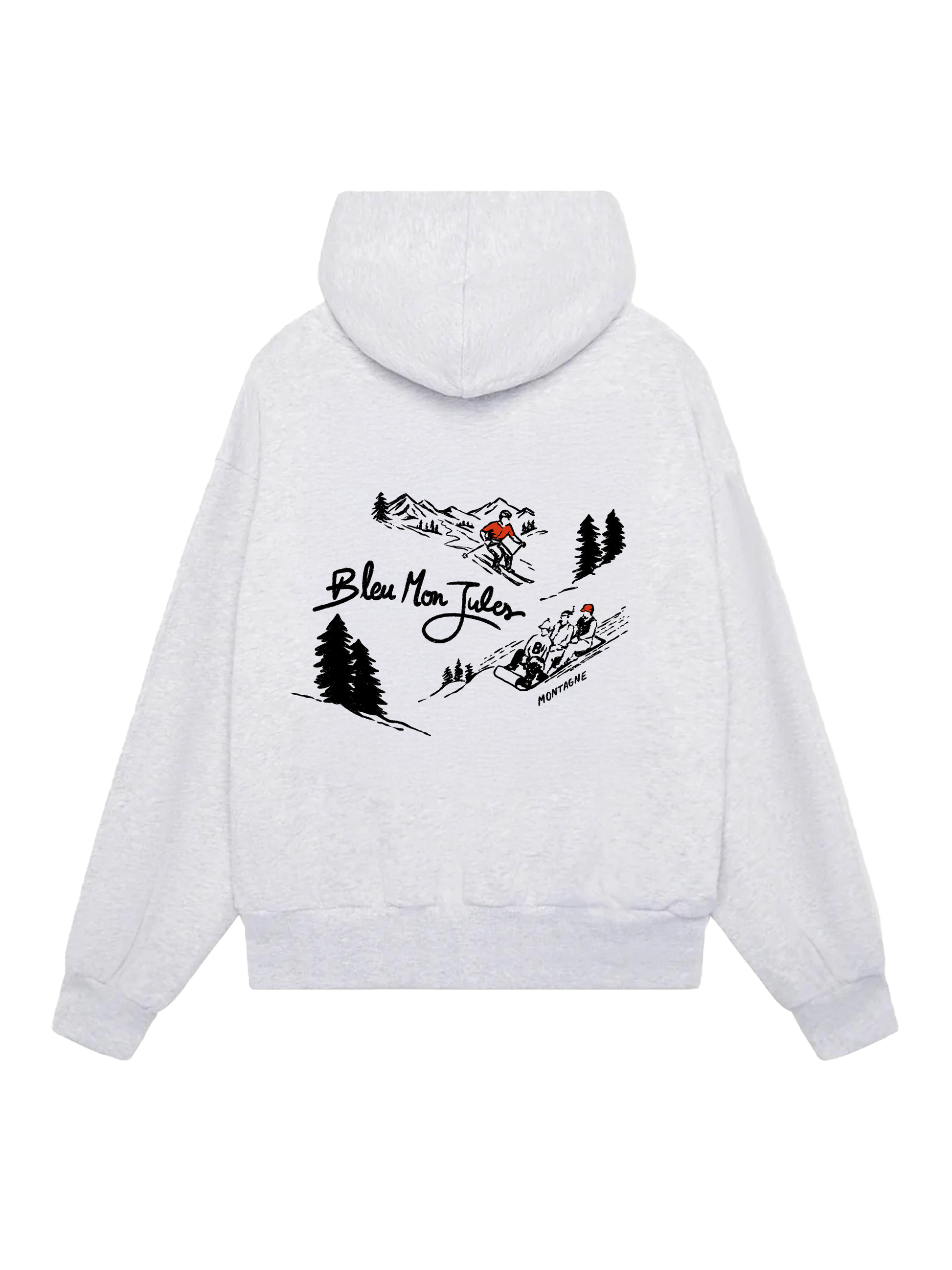 Sweat à capuche gris « Too Schuss » Bleu mon Jules, vue dos, illustration Mont Ventoux et paysage enneigé, collection hiver 2025-2026.