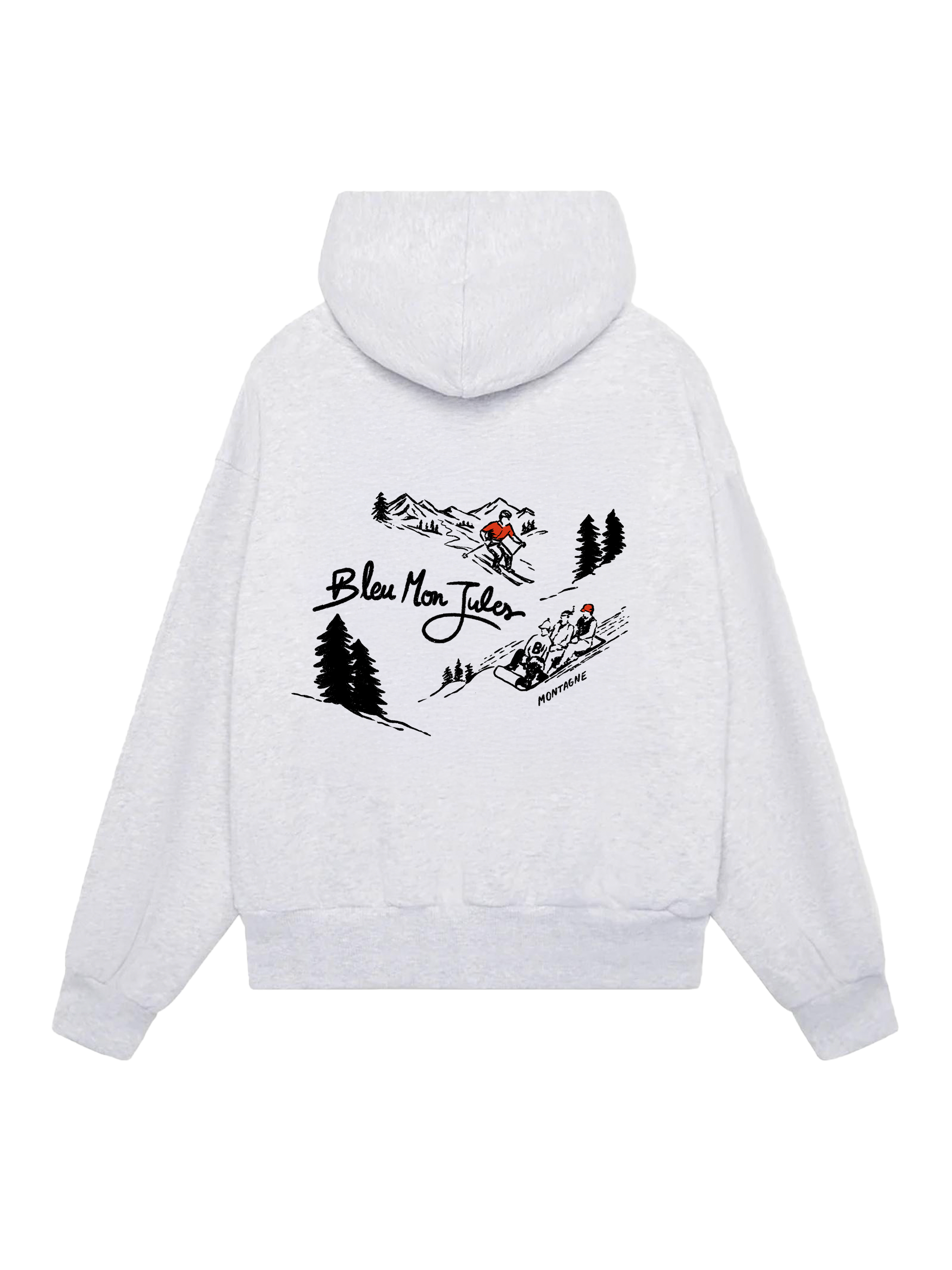 Sweat à capuche gris « Too Schuss » Bleu mon Jules, vue dos, illustration Mont Ventoux et paysage enneigé, collection hiver 2025-2026.