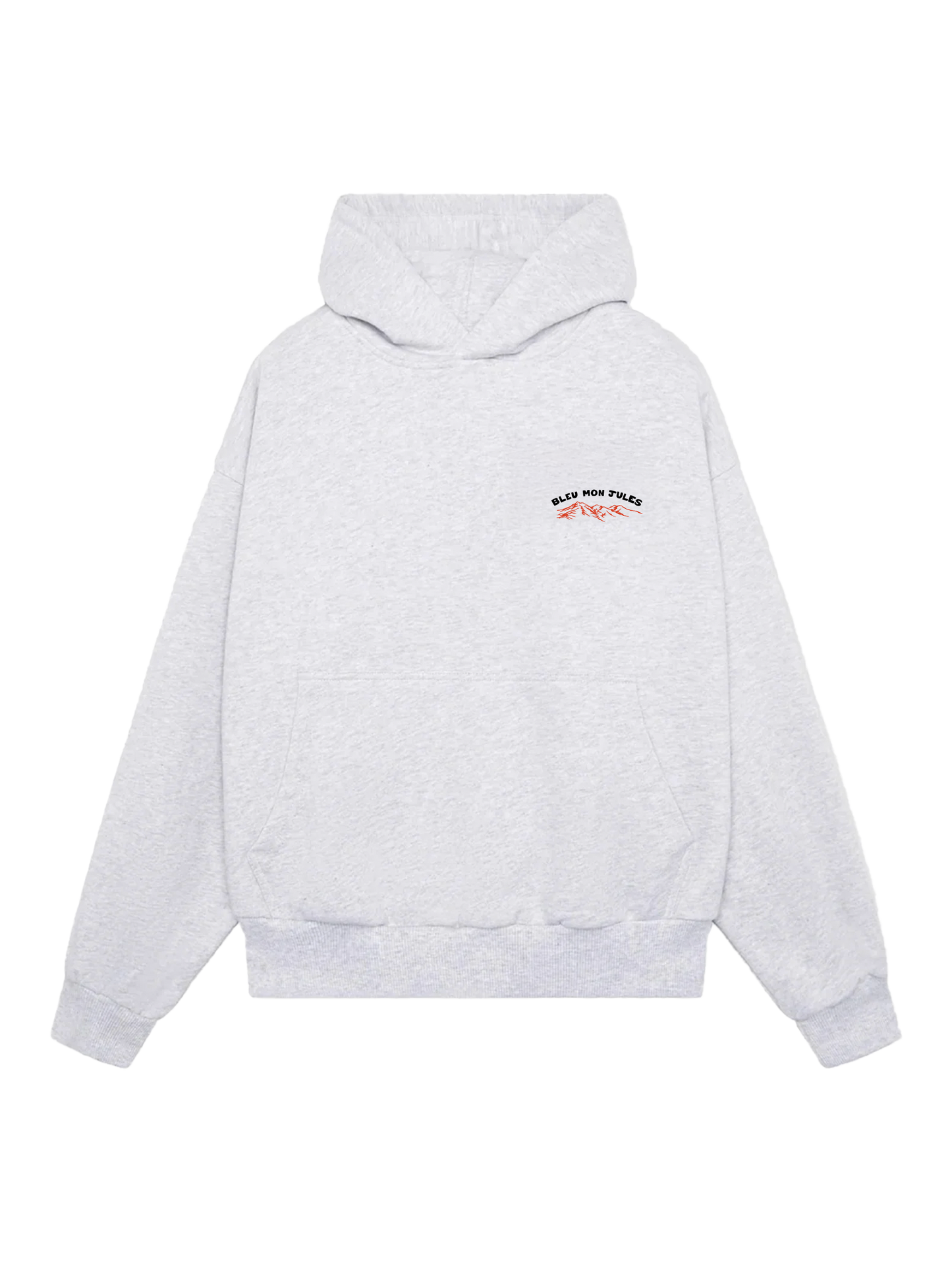 Sweat à capuche Blanc « Too Schuss » Bleu mon Jules, vue face, broderie minimaliste esprit montagne, style rétro-alpin.
