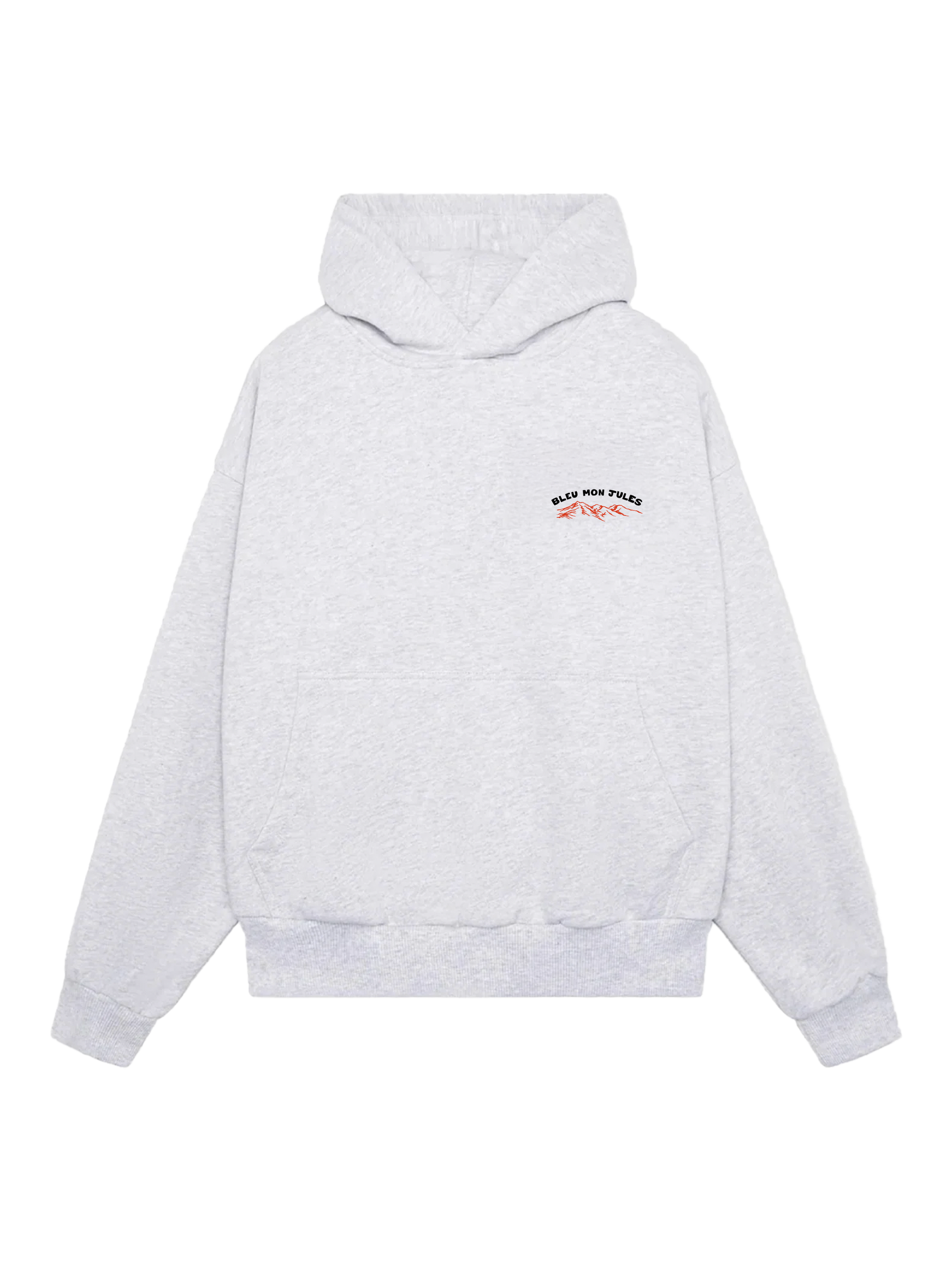 Sweat à capuche Blanc « Too Schuss » Bleu mon Jules, vue face, broderie minimaliste esprit montagne, style rétro-alpin.