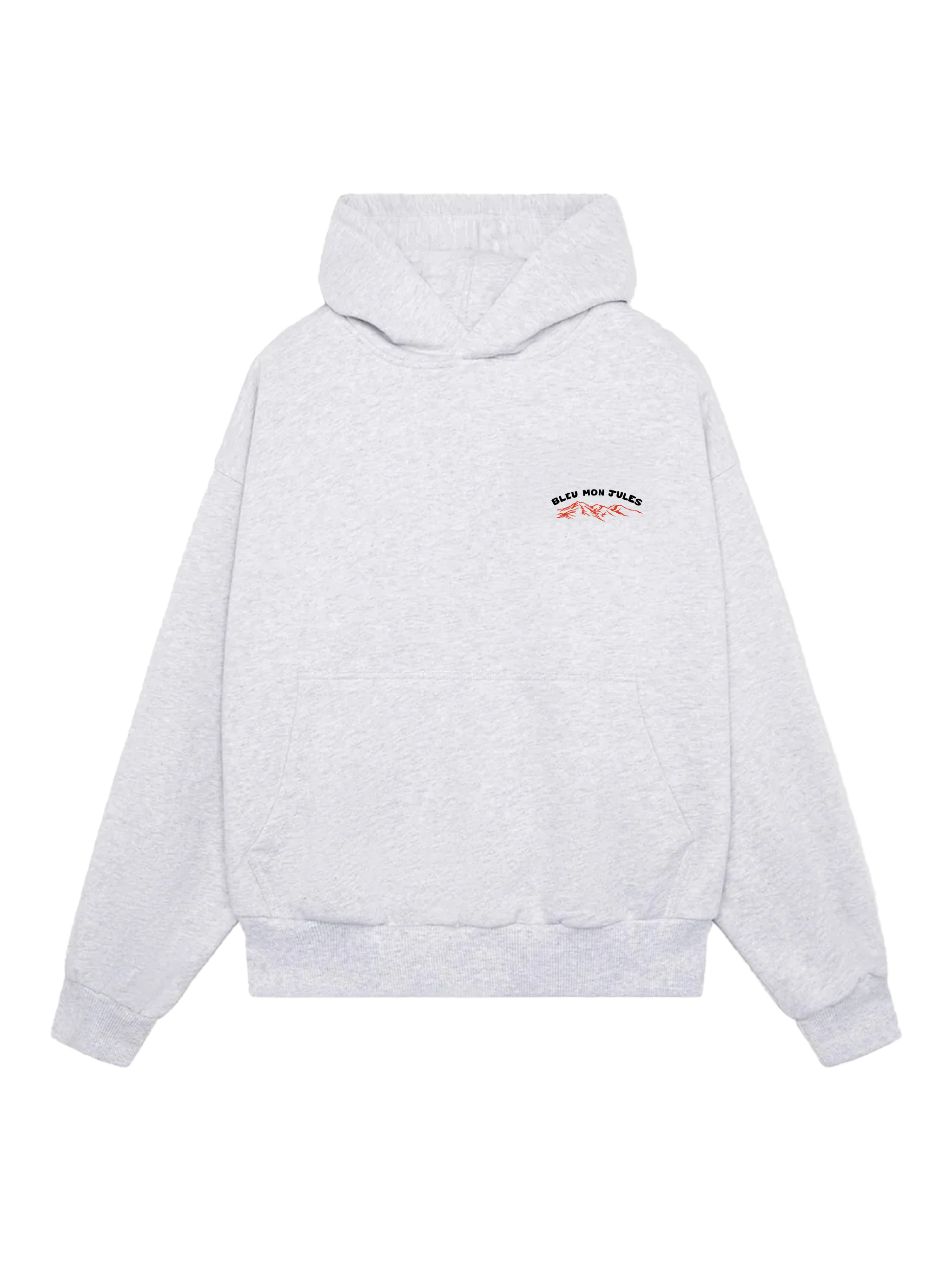 Sweat à capuche Blanc « Too Schuss » Bleu mon Jules, vue face, broderie minimaliste esprit montagne, style rétro-alpin.