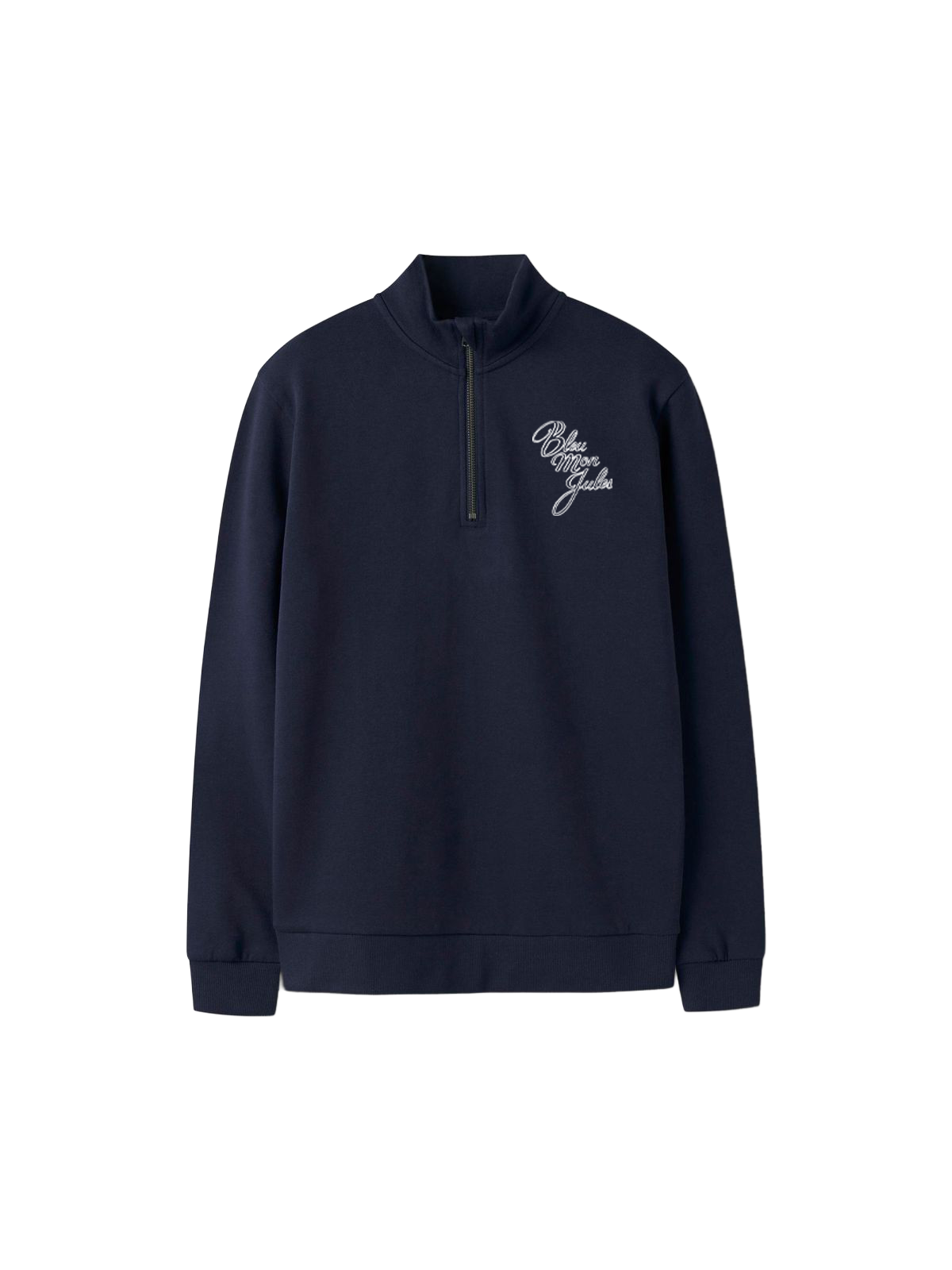 Sweat col montant bleu marine Ventoux Bleu mon Jules, vue face, broderie logo côté cœur, zip métal recyclé.