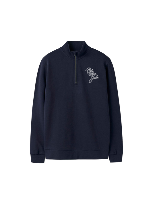 Sweat col montant bleu marine Ventoux Bleu mon Jules, vue face, broderie logo côté cœur, zip métal recyclé.