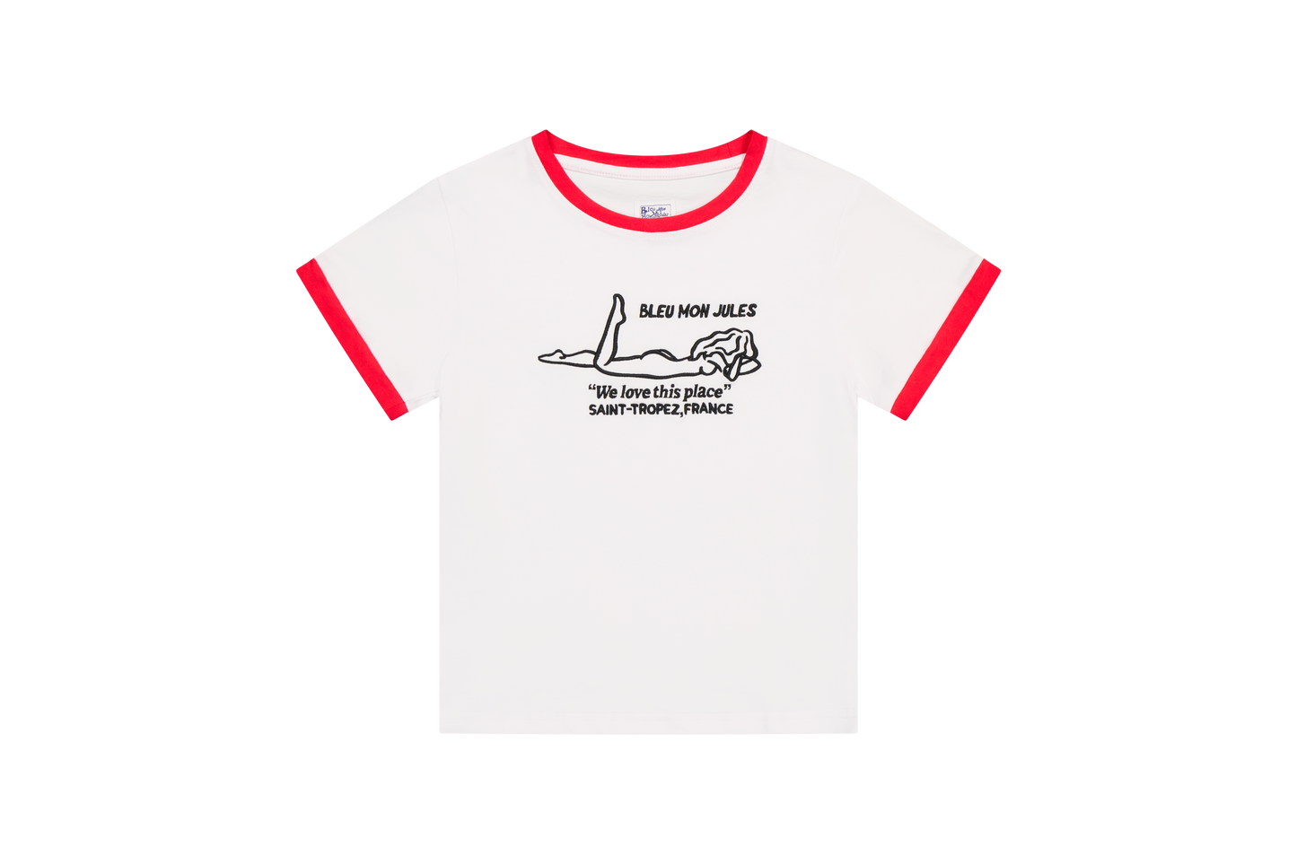 T-shirt blanc bords rouge Bleu mon Jules, broderie We Love This Place Saint-Tropez, coupe féminine