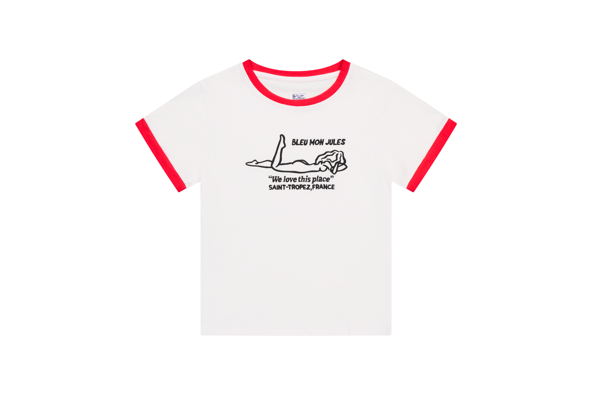 T-shirt blanc bords rouge Bleu mon Jules, broderie We Love This Place Saint-Tropez, coupe féminine