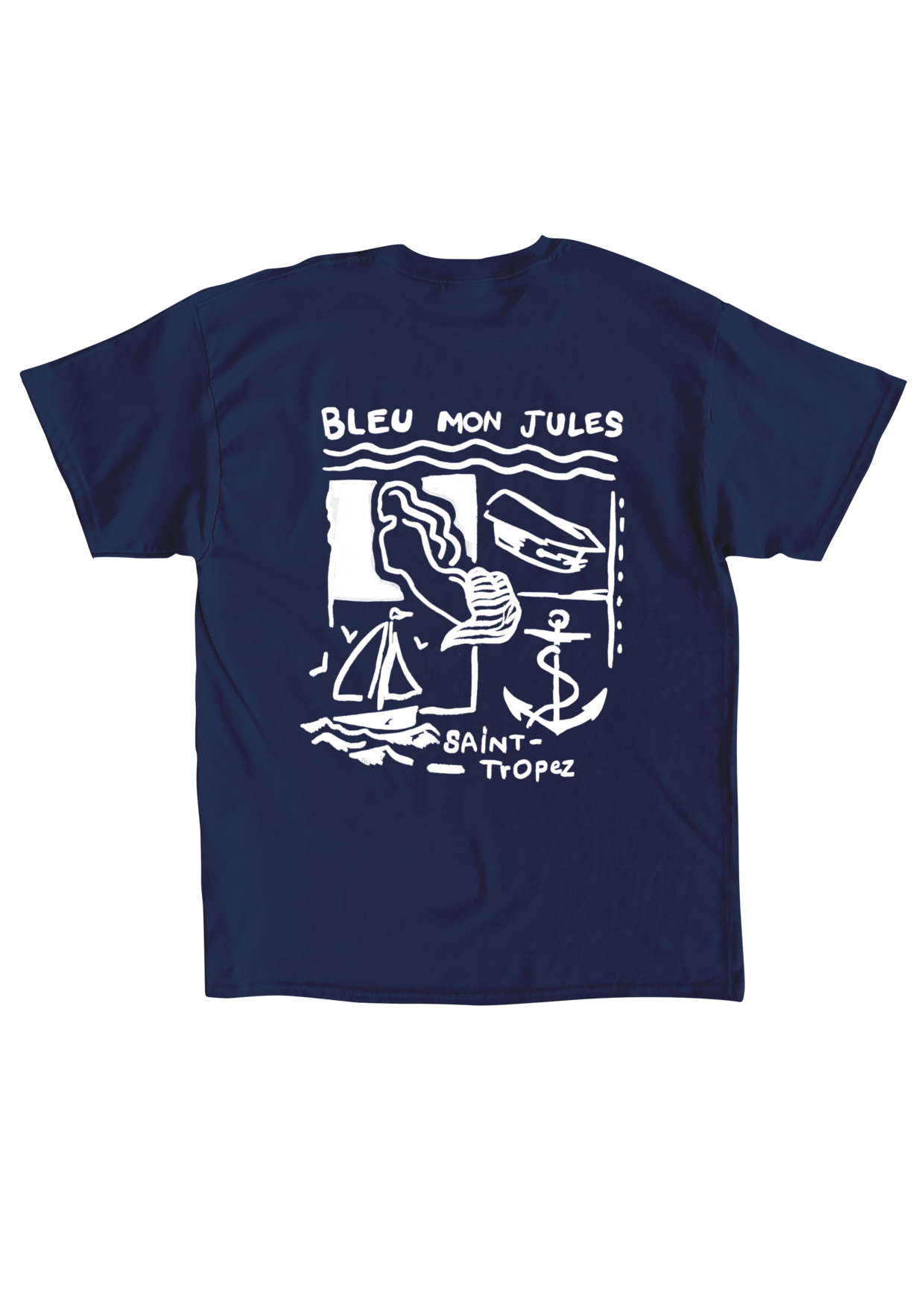 Dos t-shirt bleu marine Bleu mon Jules, scène dessinée — silhouette, voilier, ancre et canotier — lettrage Saint-Tropez