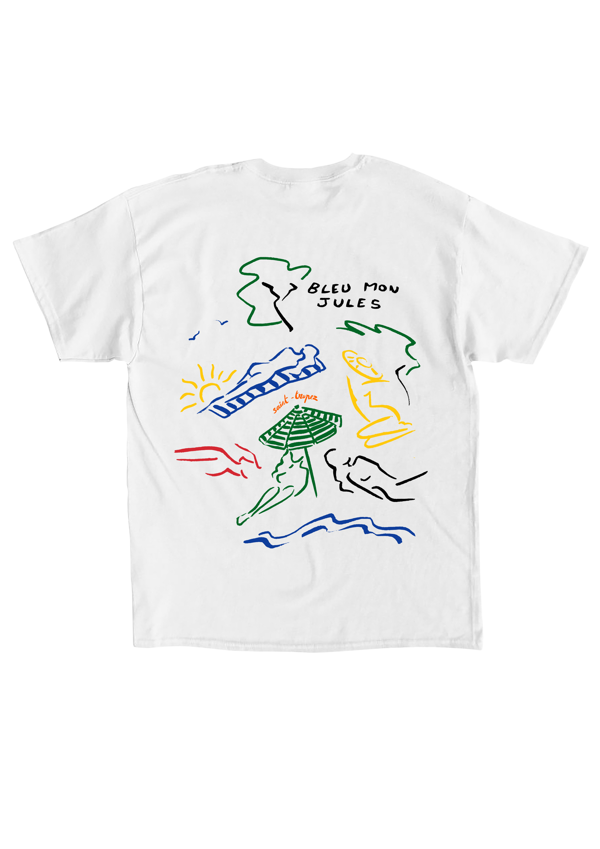 Dos t-shirt blanc Bleu mon Jules, illustration plage Saint-Tropez multicolore inspirée de Miró