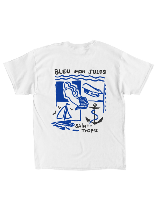 Dos t-shirt blanc Bleu mon Jules, illustration graphique marine : silhouette, voilier, ancre, Saint-Tropez