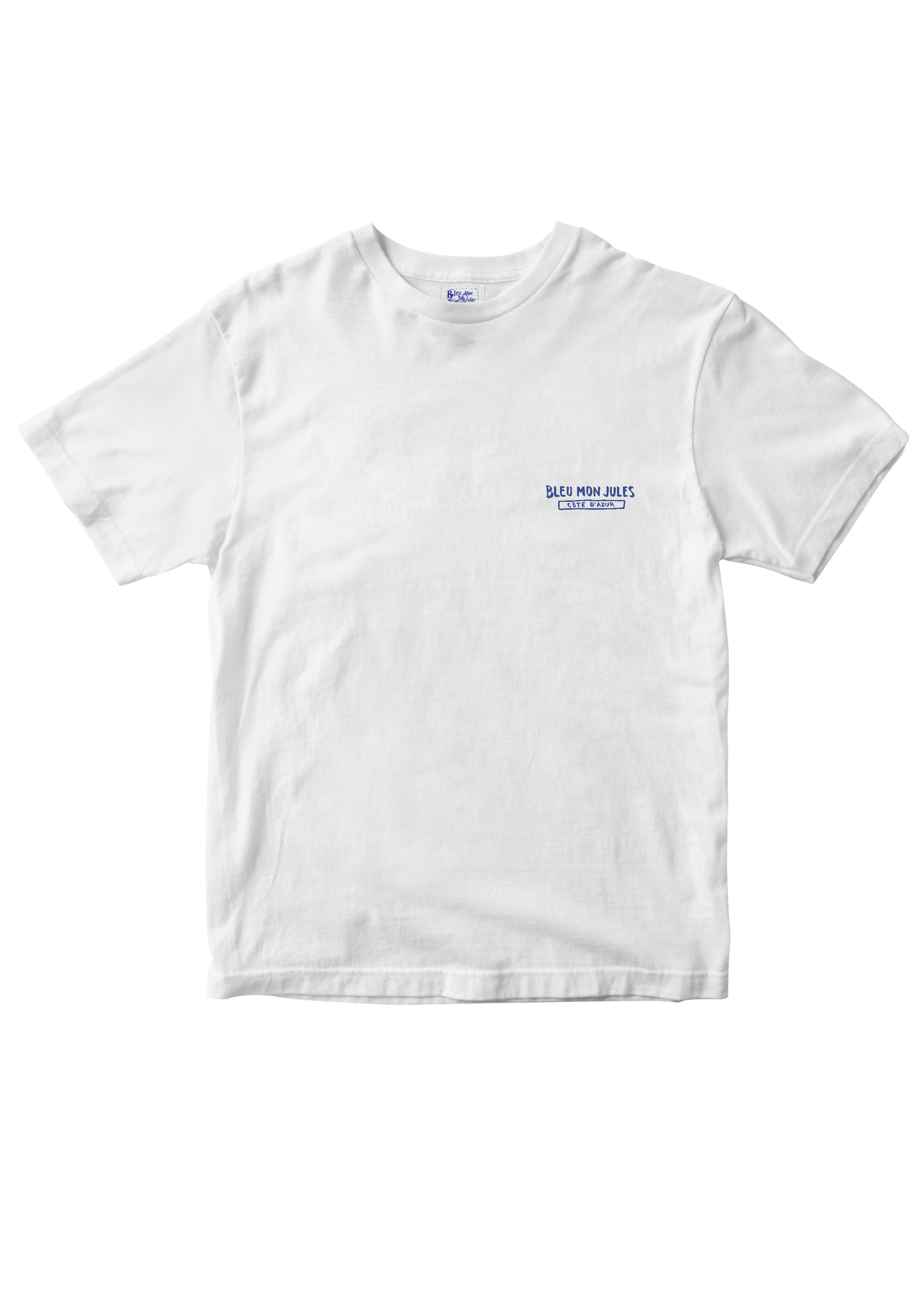 T-shirt blanc Bleu mon Jules, logo Côte d'Azur encadré côté cœur, vue de face