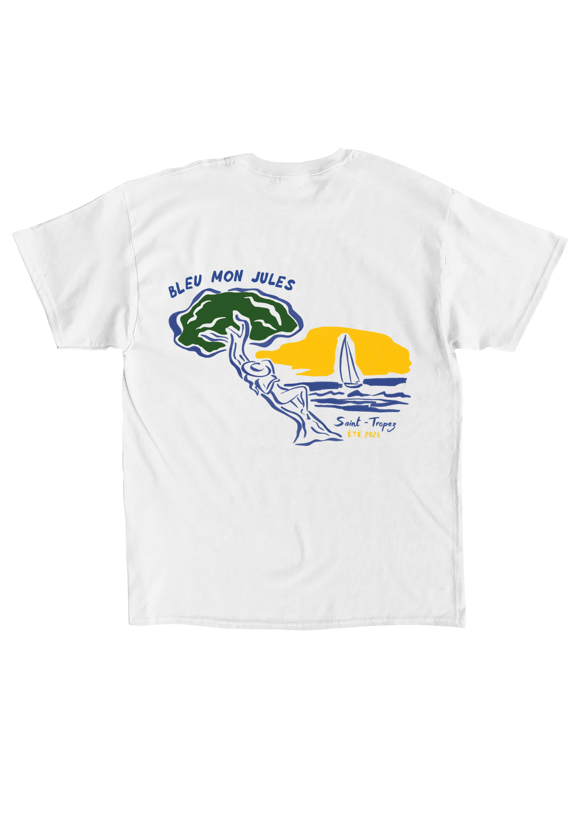 Dos t-shirt blanc Bleu mon Jules, illustration pin parasol, silhouette, voilier et coucher de soleil jaune, Saint-Tropez Été 2026