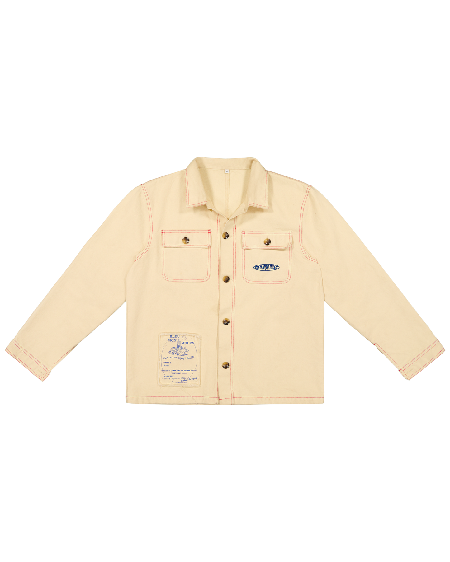 Veste chemise beige coton avec poches plaquées, coutures contrastantes et patch logo bleu, coupe décontractée et intemporelle
