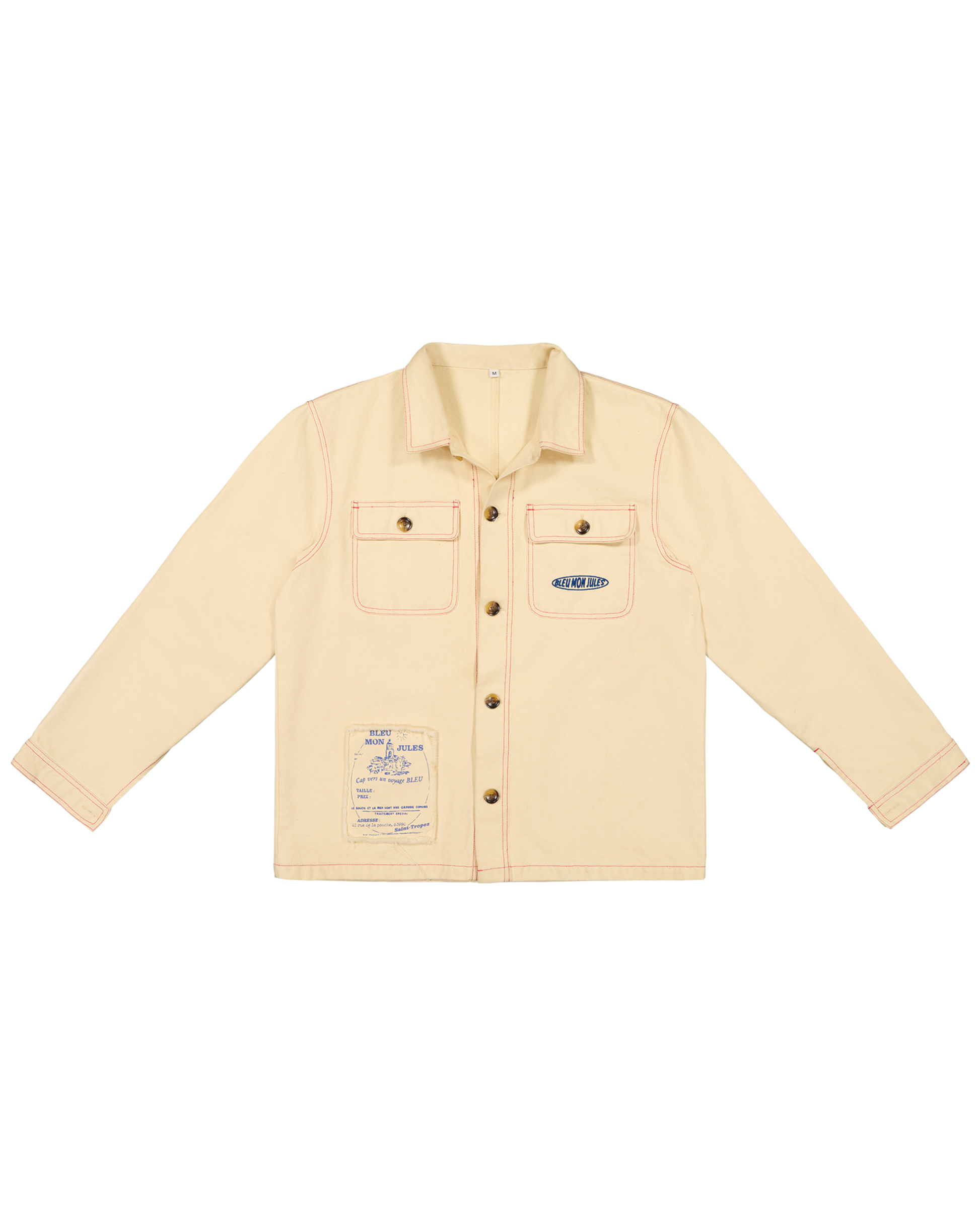 Veste chemise beige coton avec poches plaquées, coutures contrastantes et patch logo bleu, coupe décontractée et intemporelle