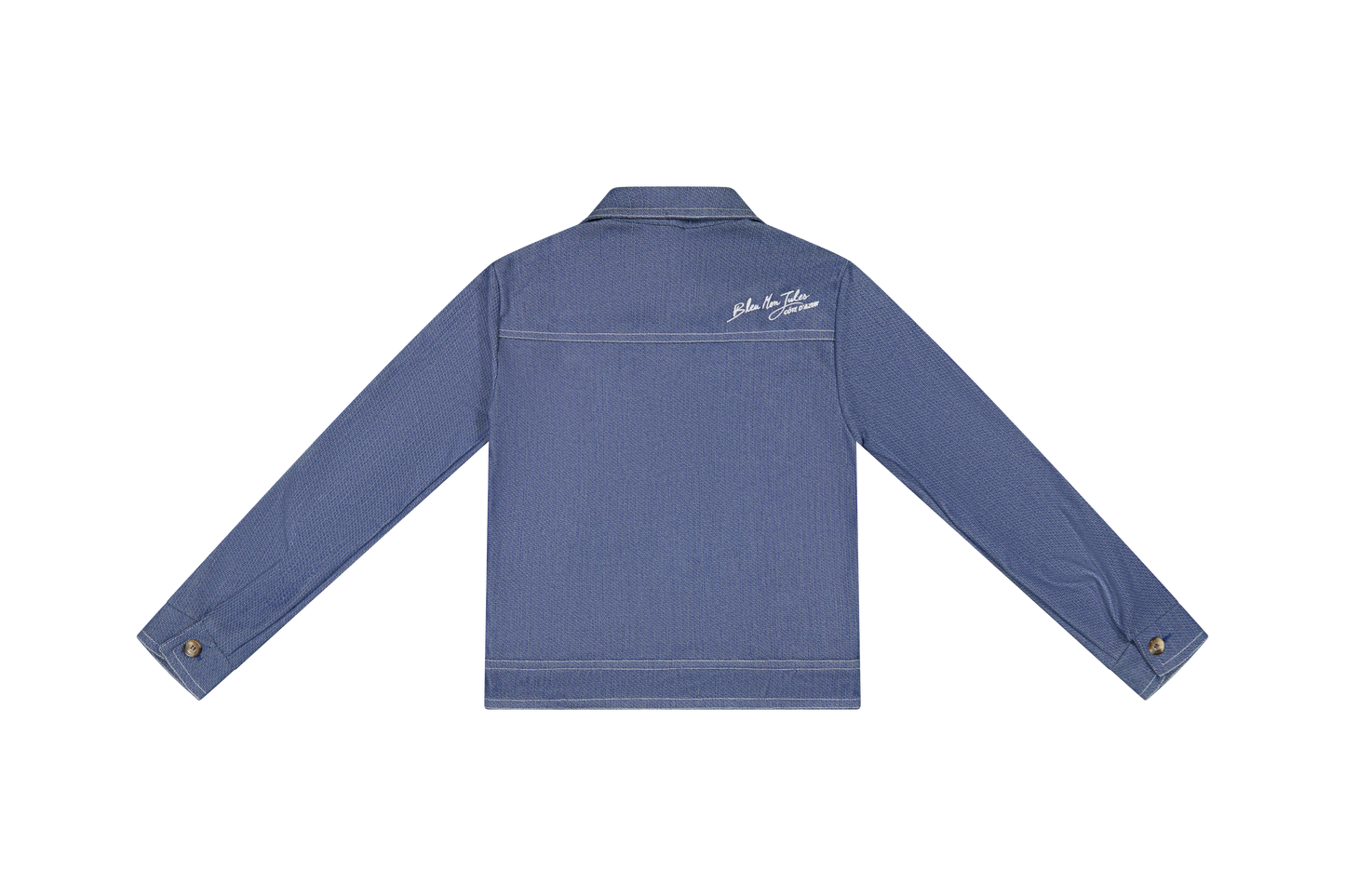 Veste denim bleu, broderie Côte d'Azur en script blanc dans le dos, vue de dos