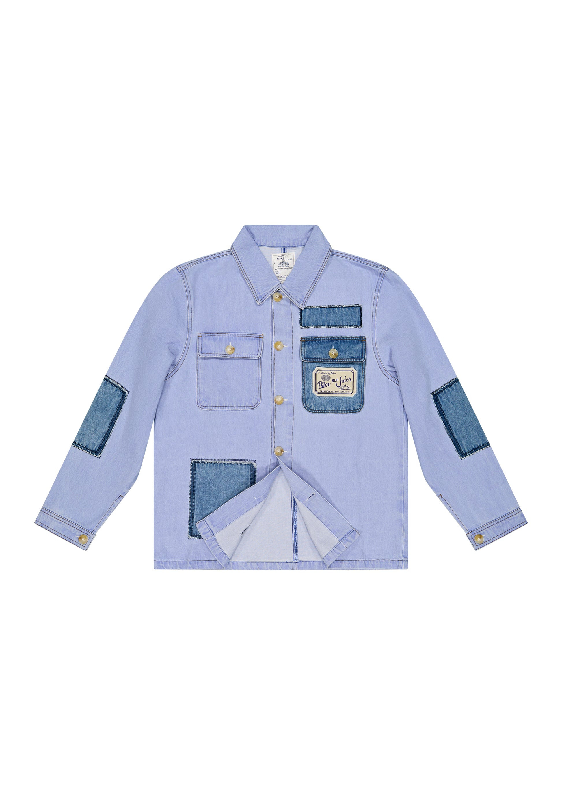 Veste Patch Jeans bleu ciel Bleu Mon Jules avec patchs denim apparents, surpiqûres contrastées et détails authentiques