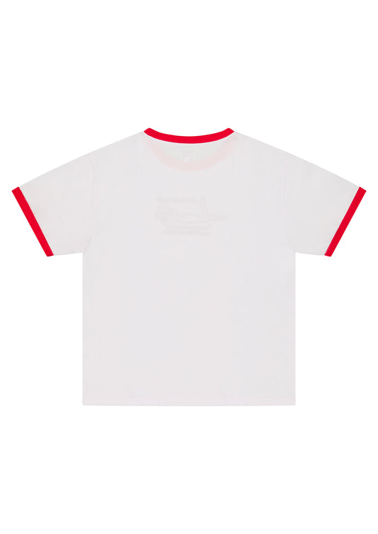 T-shirt Bord Rouge Homme blanc col et manches rouge, coupe ample années 70, esprit Saint-Tropez