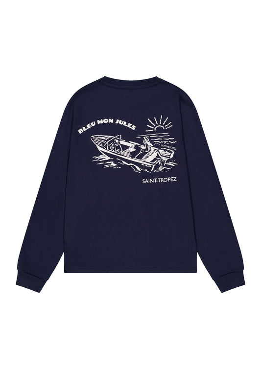 Sweat-shirt bleu marine Bleu mon Jules avec illustration ski nautique Saint-Tropez, coton unisexe été