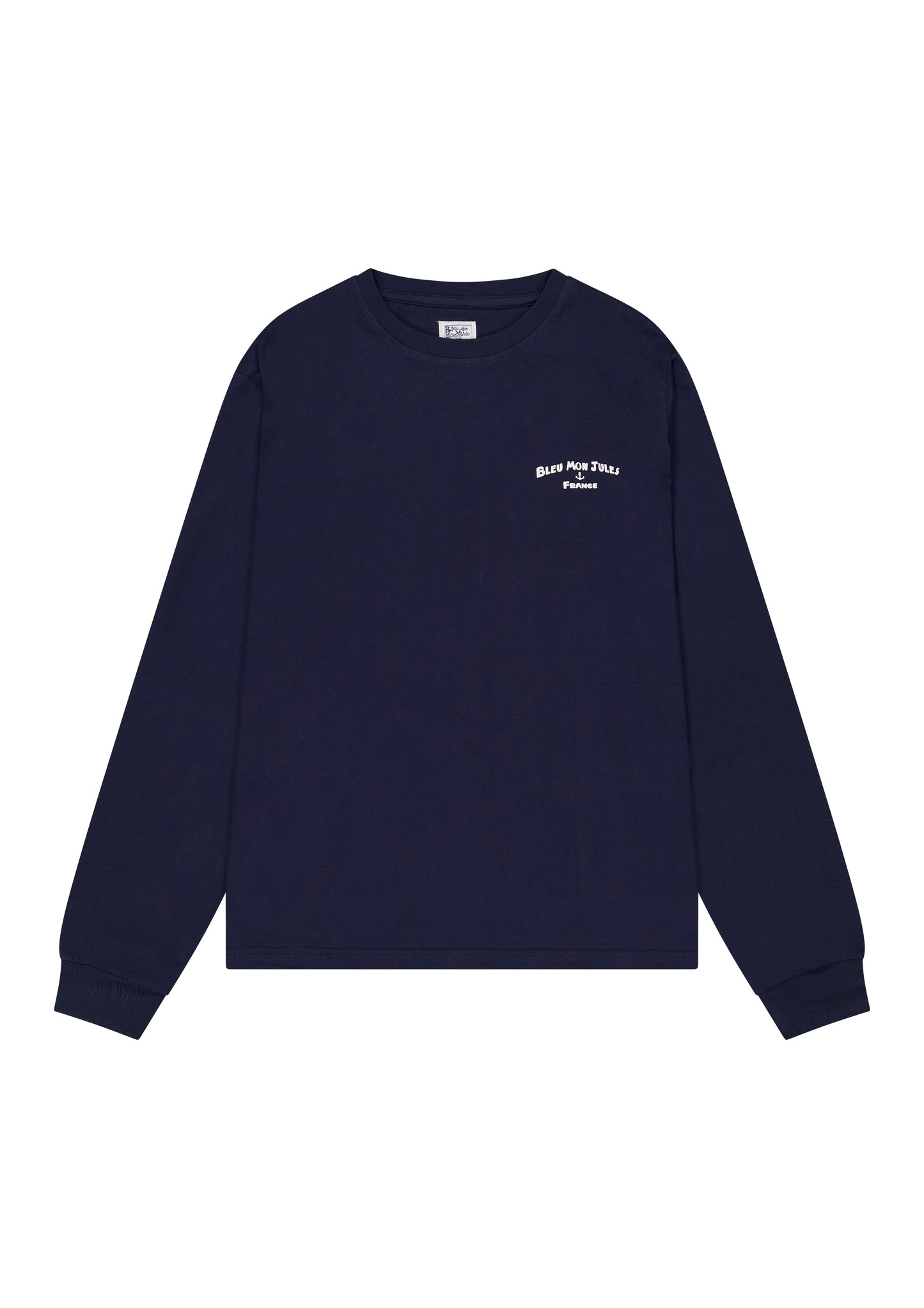 Sweatshirt Bateau ivre bleu marine coton, col rond manches longues, logo Bleu mon Jules Côte d'Azur