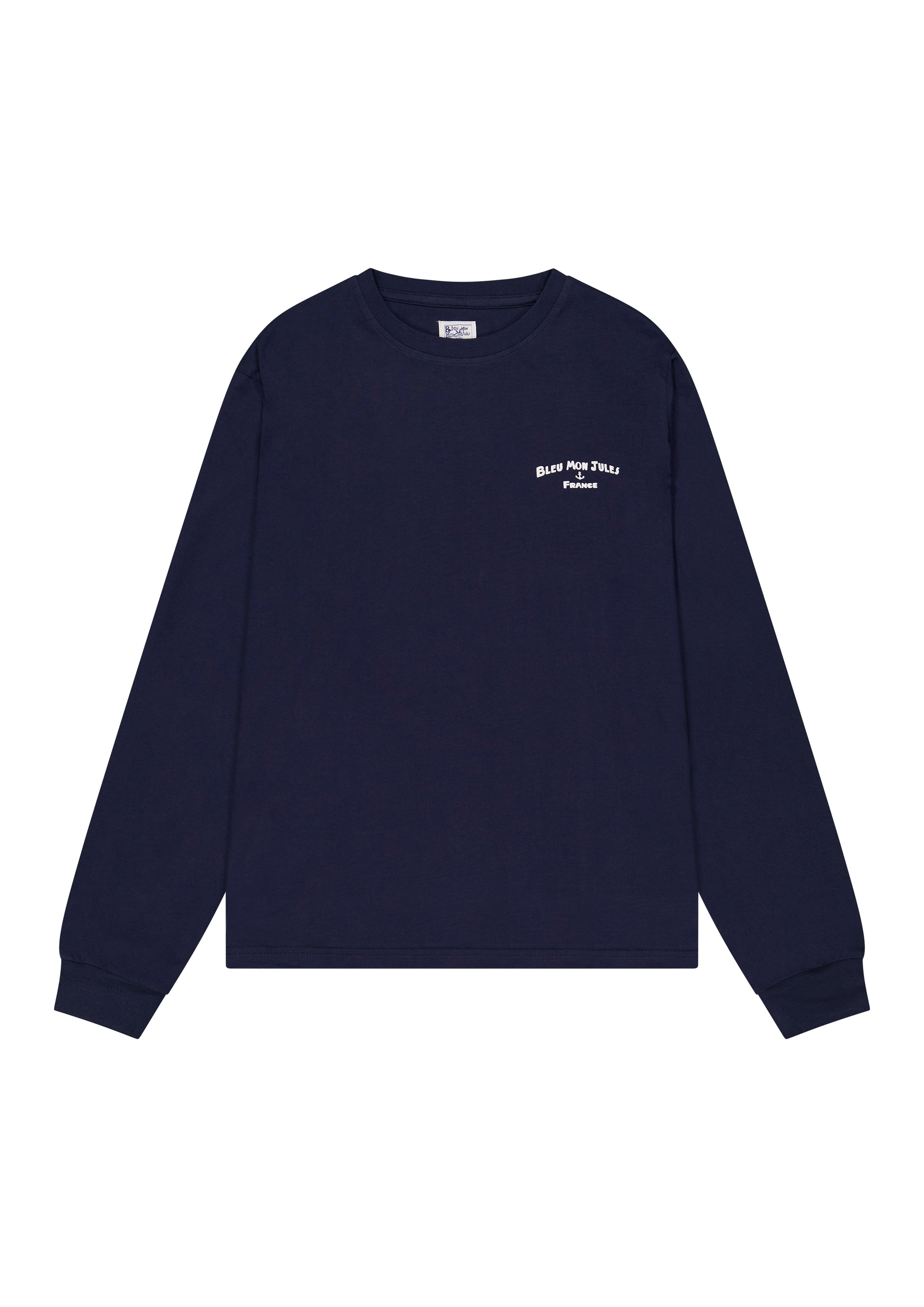 Sweatshirt Bateau ivre bleu marine coton, col rond manches longues, logo Bleu mon Jules Côte d'Azur