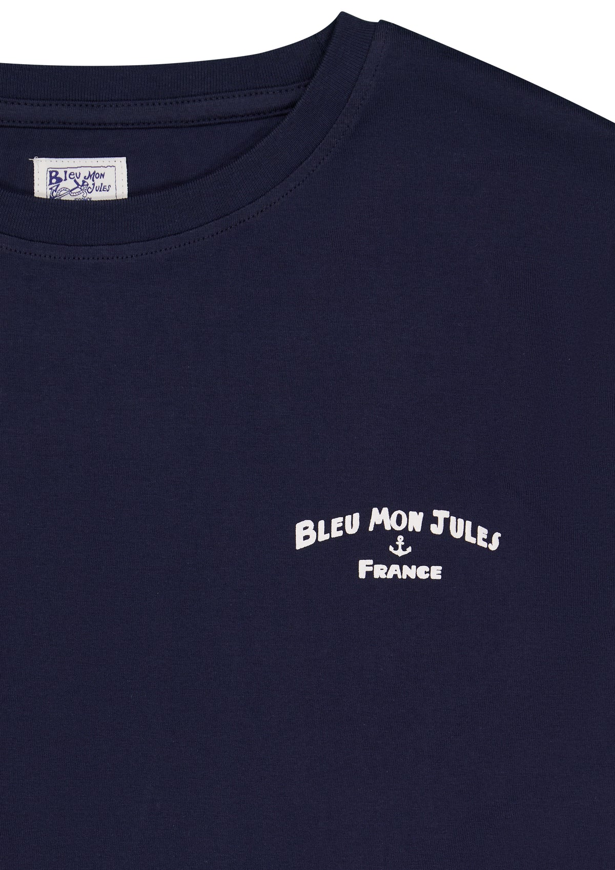 T-shirt coton bleu marine Bleu mon Jules avec logo blanc et ancre, style nautique méditerranéen années 70-80