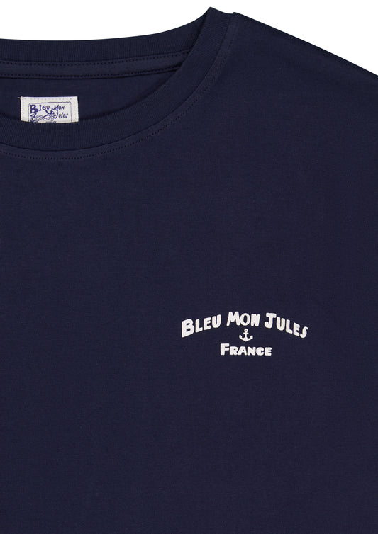 T-shirt coton bleu marine Bleu mon Jules avec logo blanc et ancre, style nautique méditerranéen années 70-80
