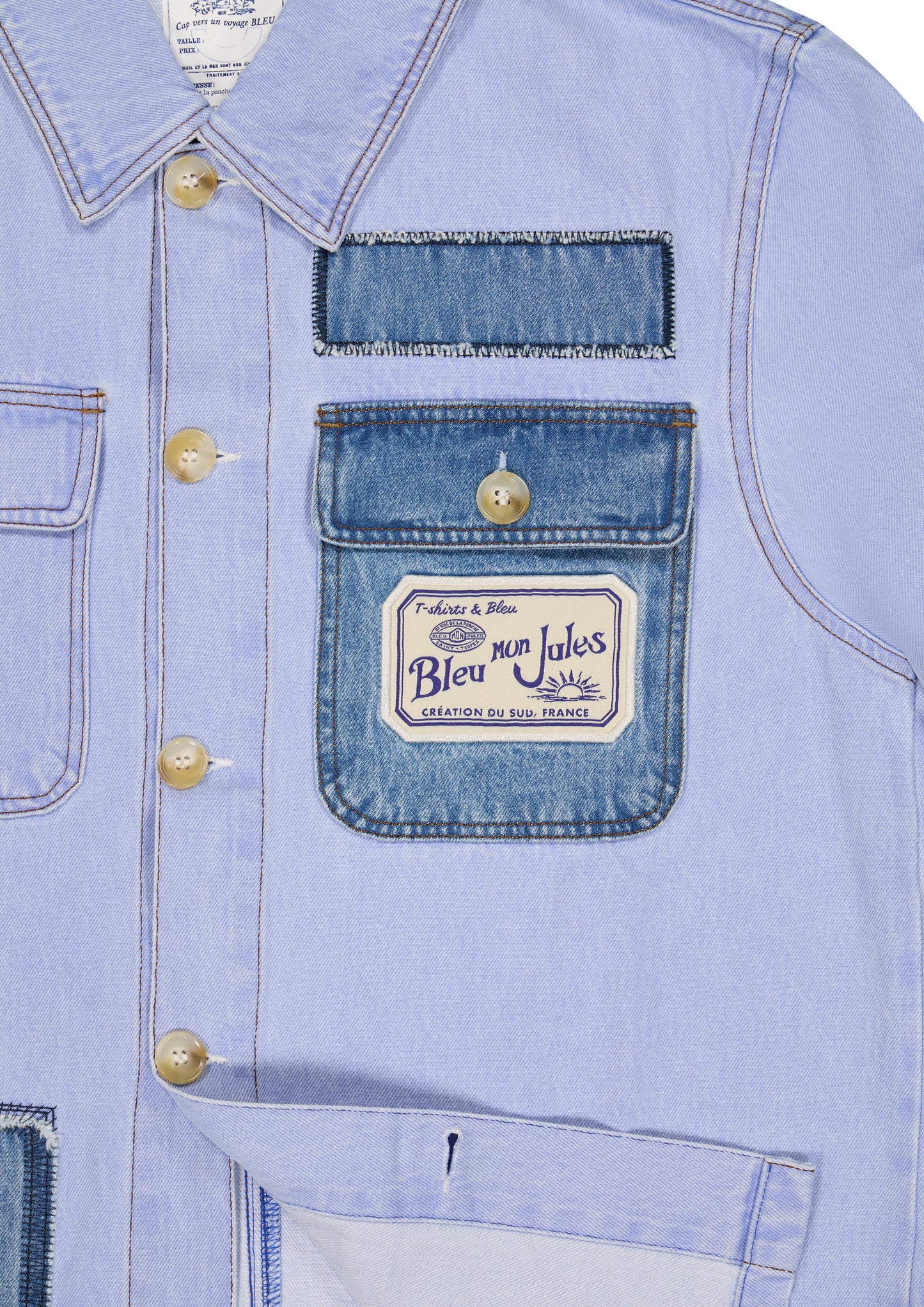 Veste en coton bleu ciel Bleu mon Jules avec patchs en jean cousus apparents et surpiqûres contrastées