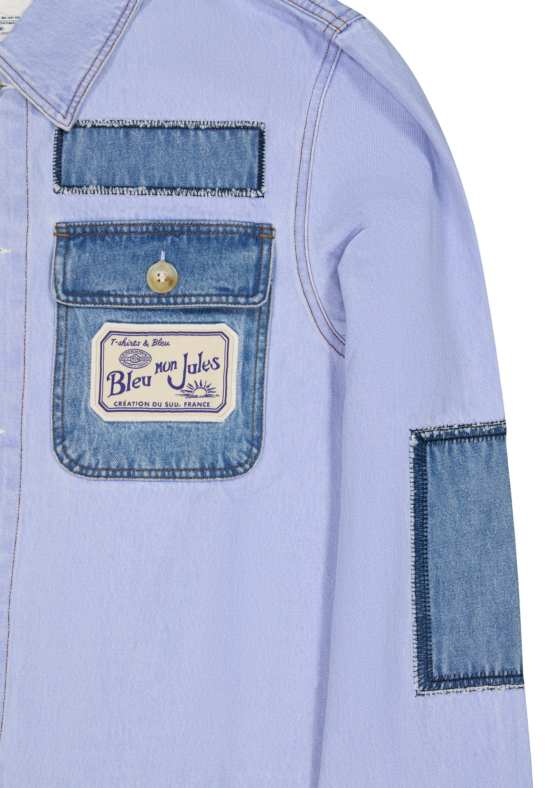 Veste Patch Jeans bleu ciel Bleu Mon Jules avec patchs en jean cousus apparents aux manches et poitrine